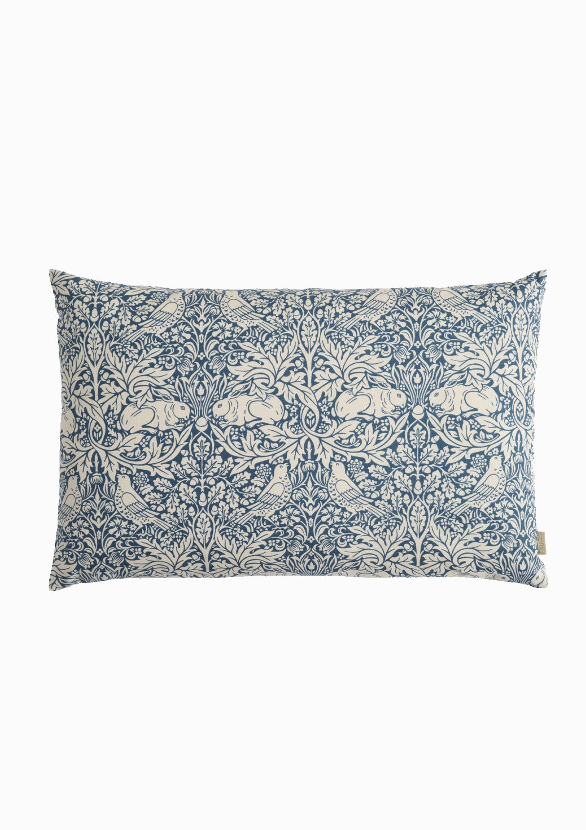 Decorative cushion featuring the iconic William Morris "Brer Rabbit" pattern in soft blue and off-white tones, complete with a hidden bottom zipper and plush Danish-made duck down insert. Available at the Diani Boutique.