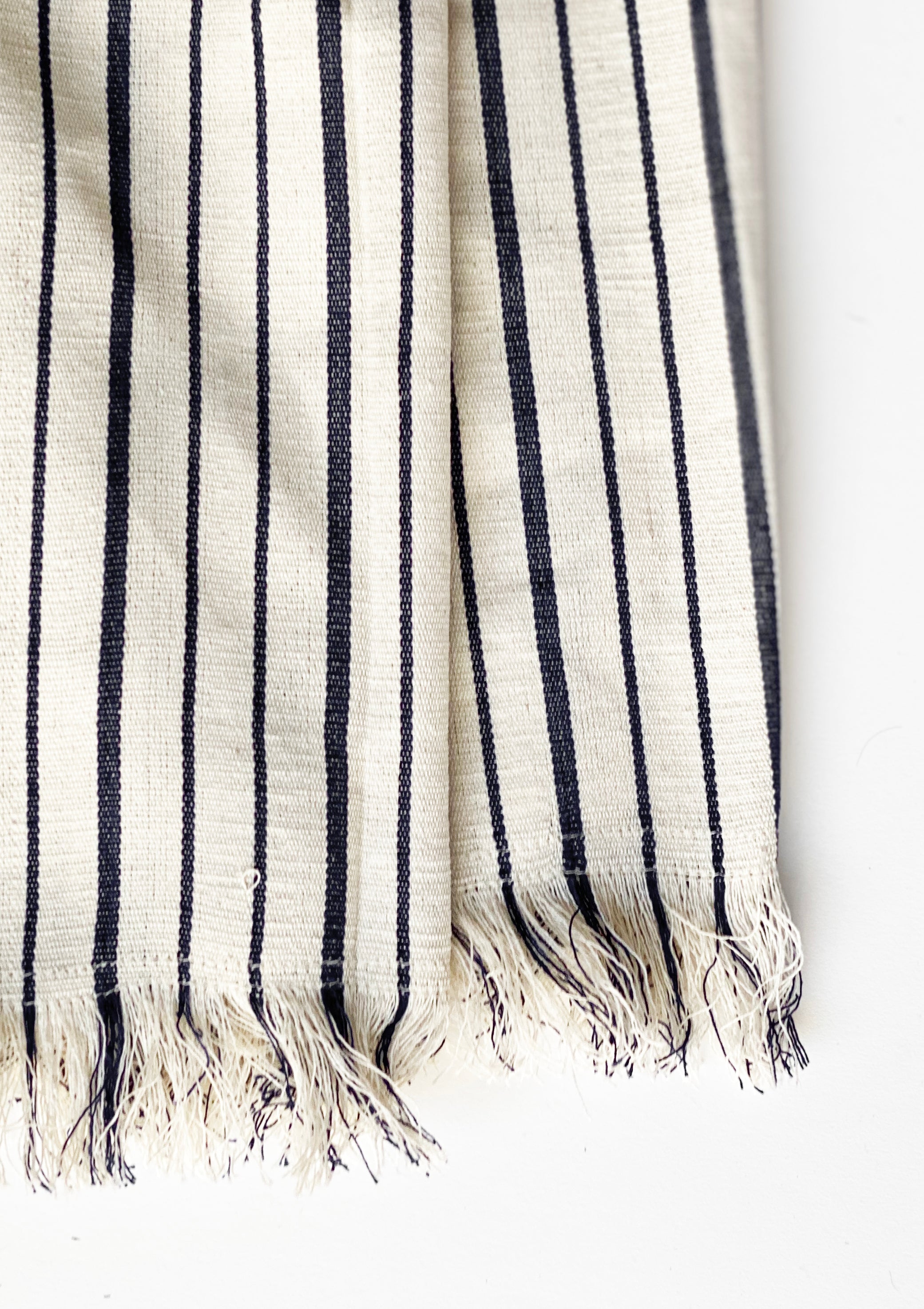 Fringed Throw With Pouch | Natural/Navy Triple Stripe, 40x71