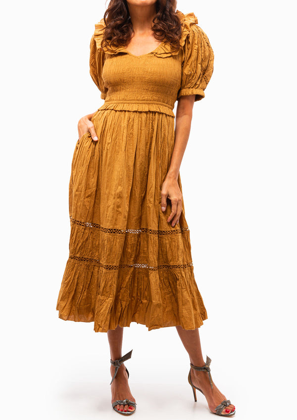 Paco Solid Puff Sleeve Smocked Dress | Mustard