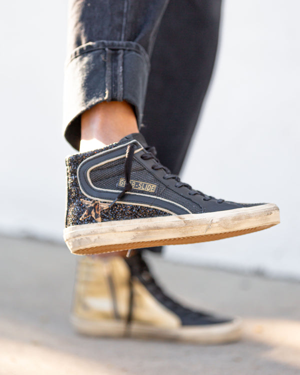 Slide Sneaker Net Glitter Leopard Star | Black/Gold/Beige Brown