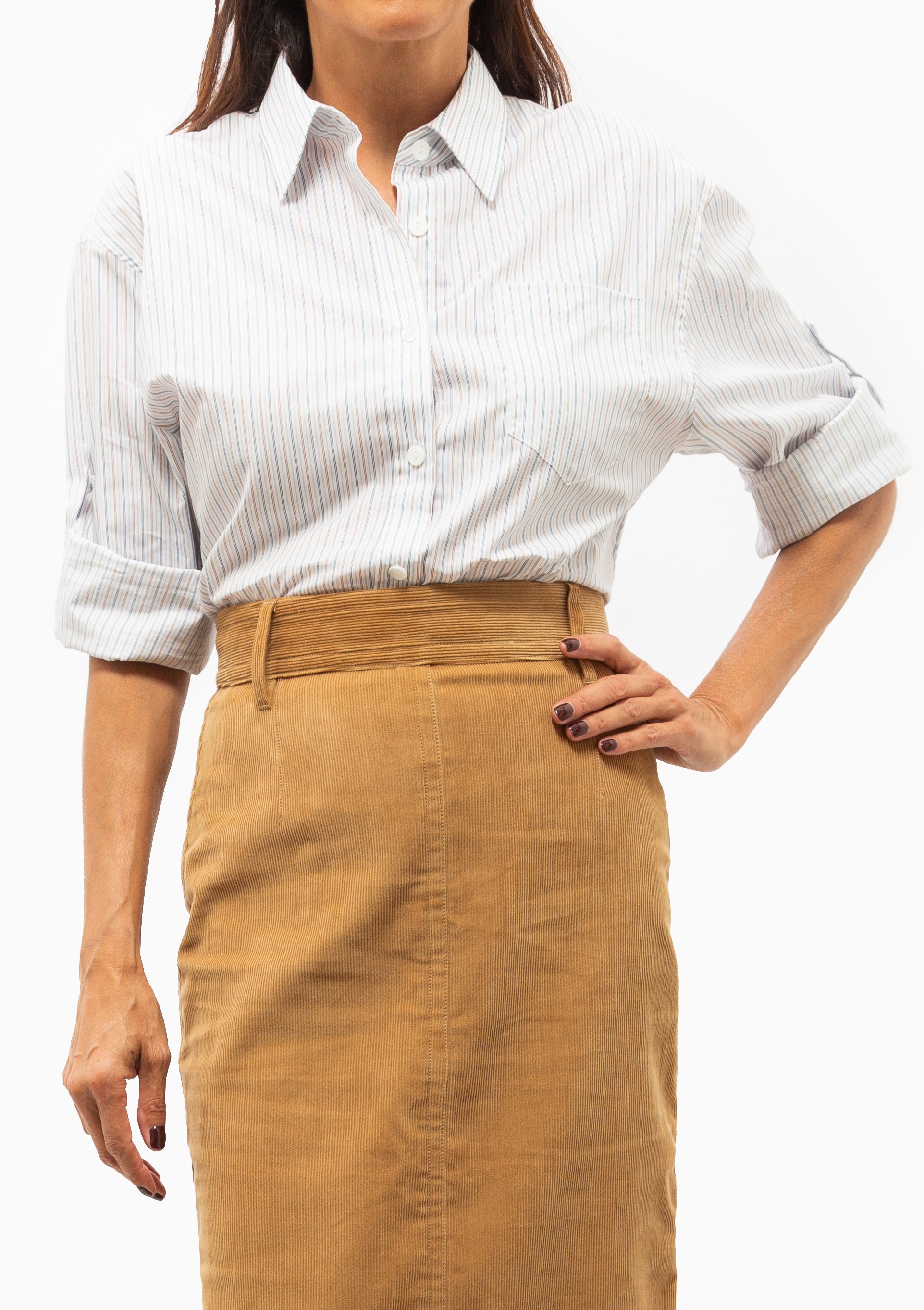 Button Sleeve Crop Shirt | White/Blue/Brown Stripe