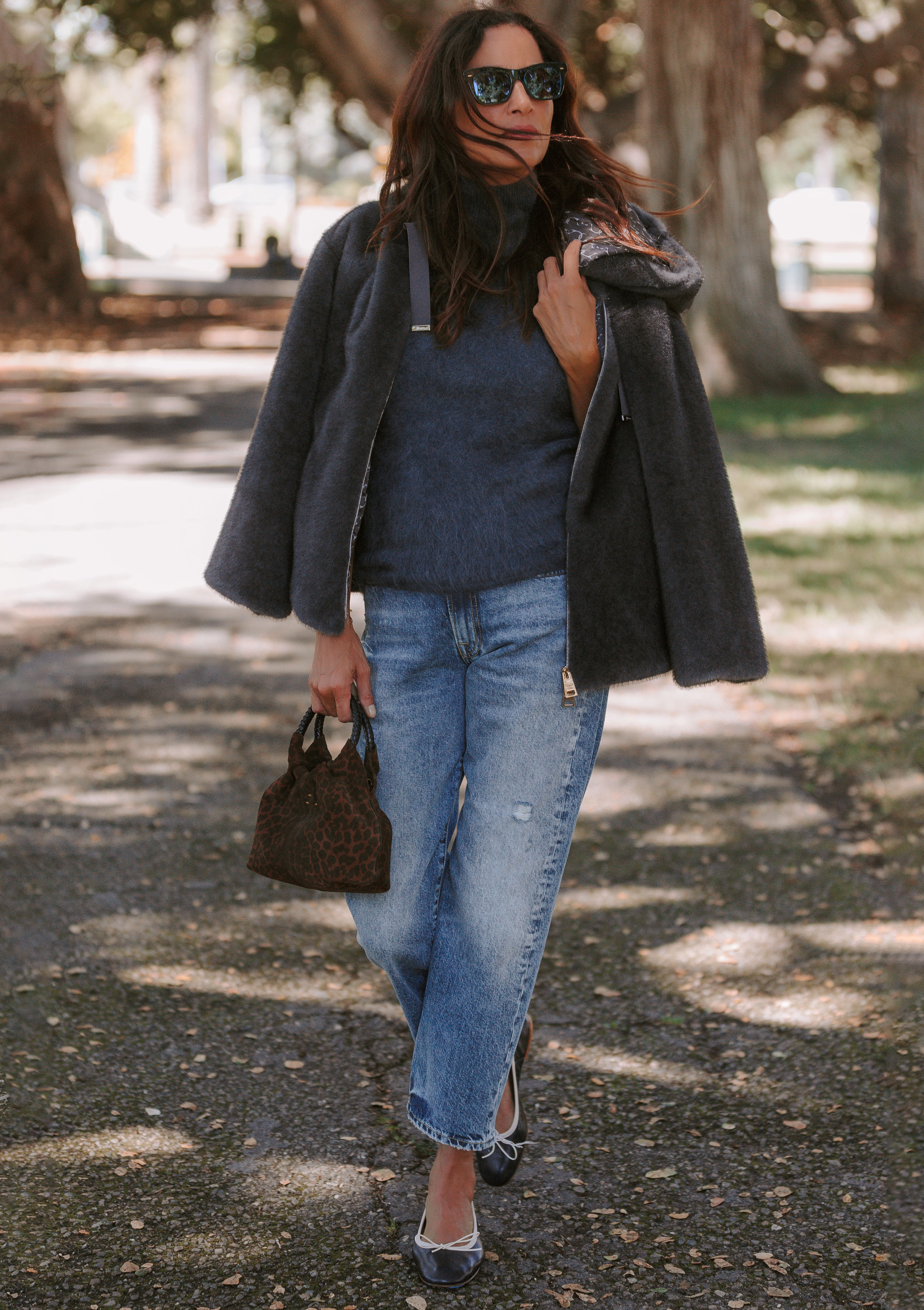 Melange Faux Fur Blouson Jacket With Hood | Antracite