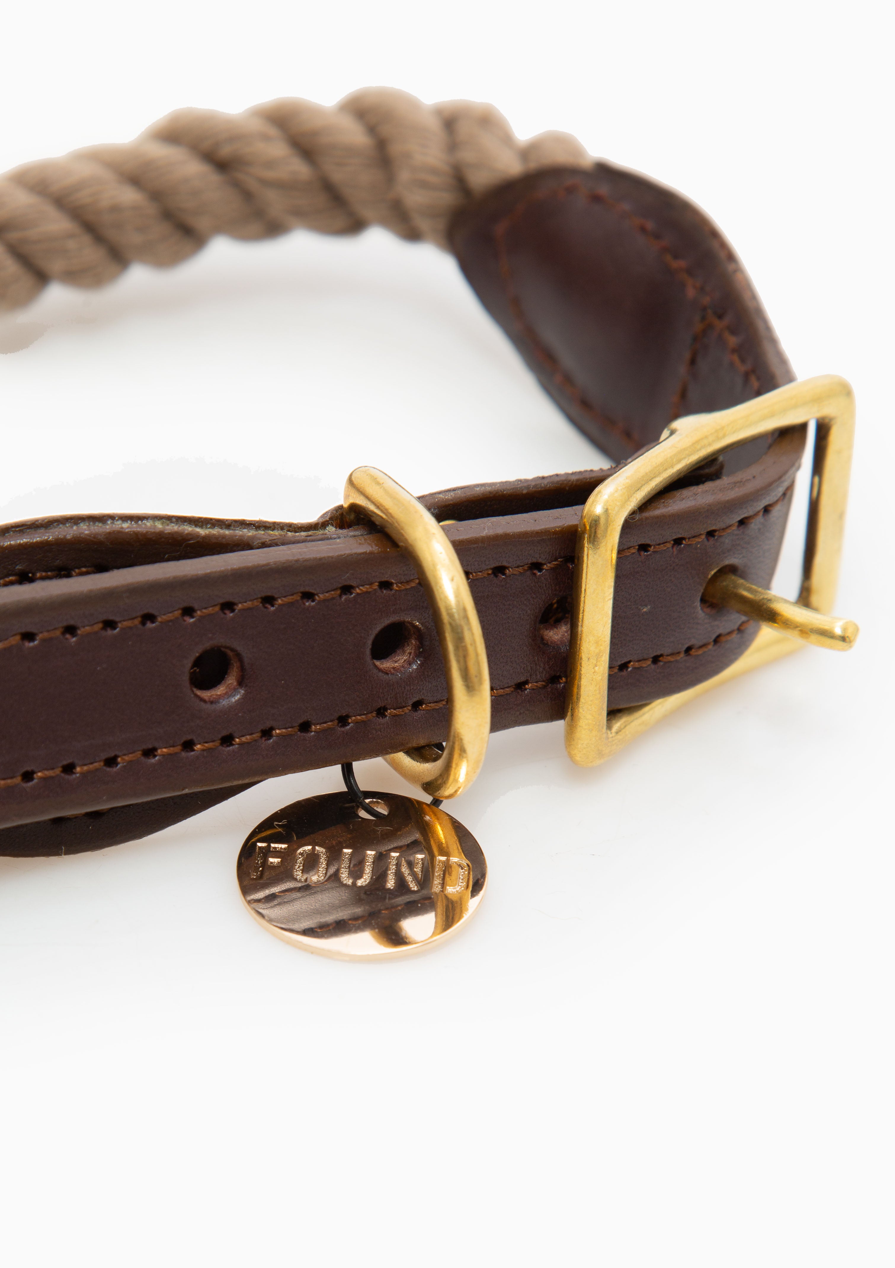 Rope & Leather Cat & Dog Collar | Dark Tan, Large