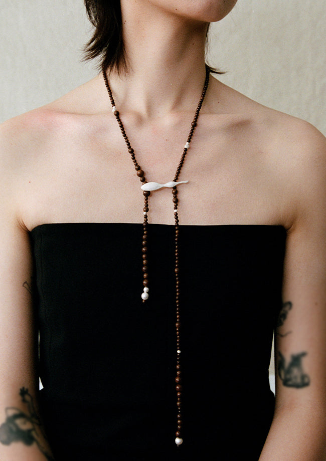 Hanging Gourd, Zebra Wood & Sterling Silver Hook Beaded Necklace