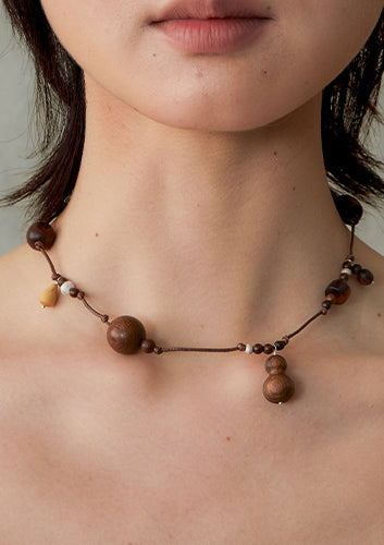 Abundant Year, Zebra Wood, Boxwood & Horn Beaded Sterling Silver Necklace | Short