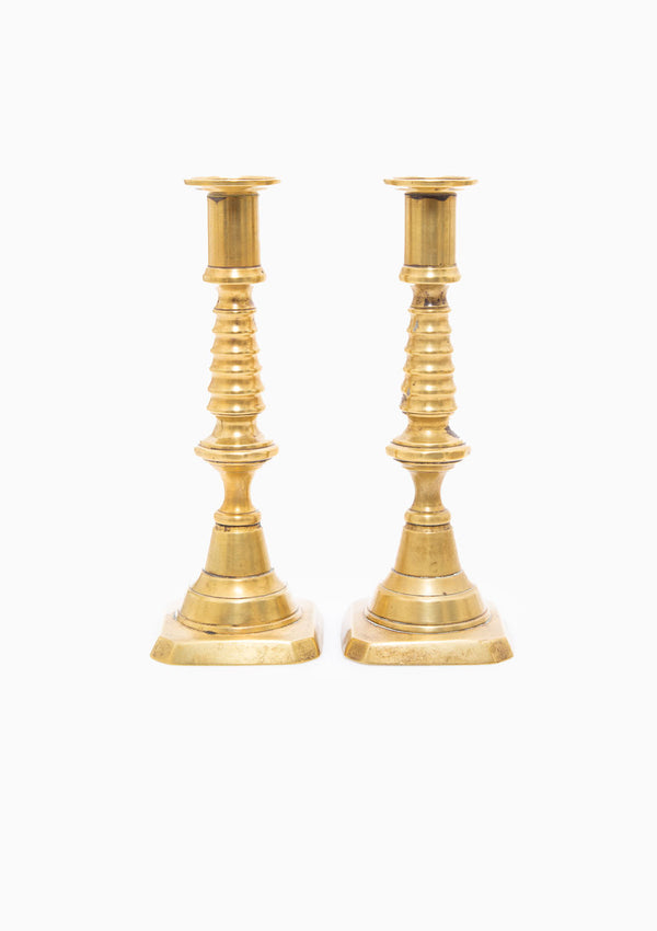 19th Century Antique English Brass Beehive Candlesticks Pair | 10.75"