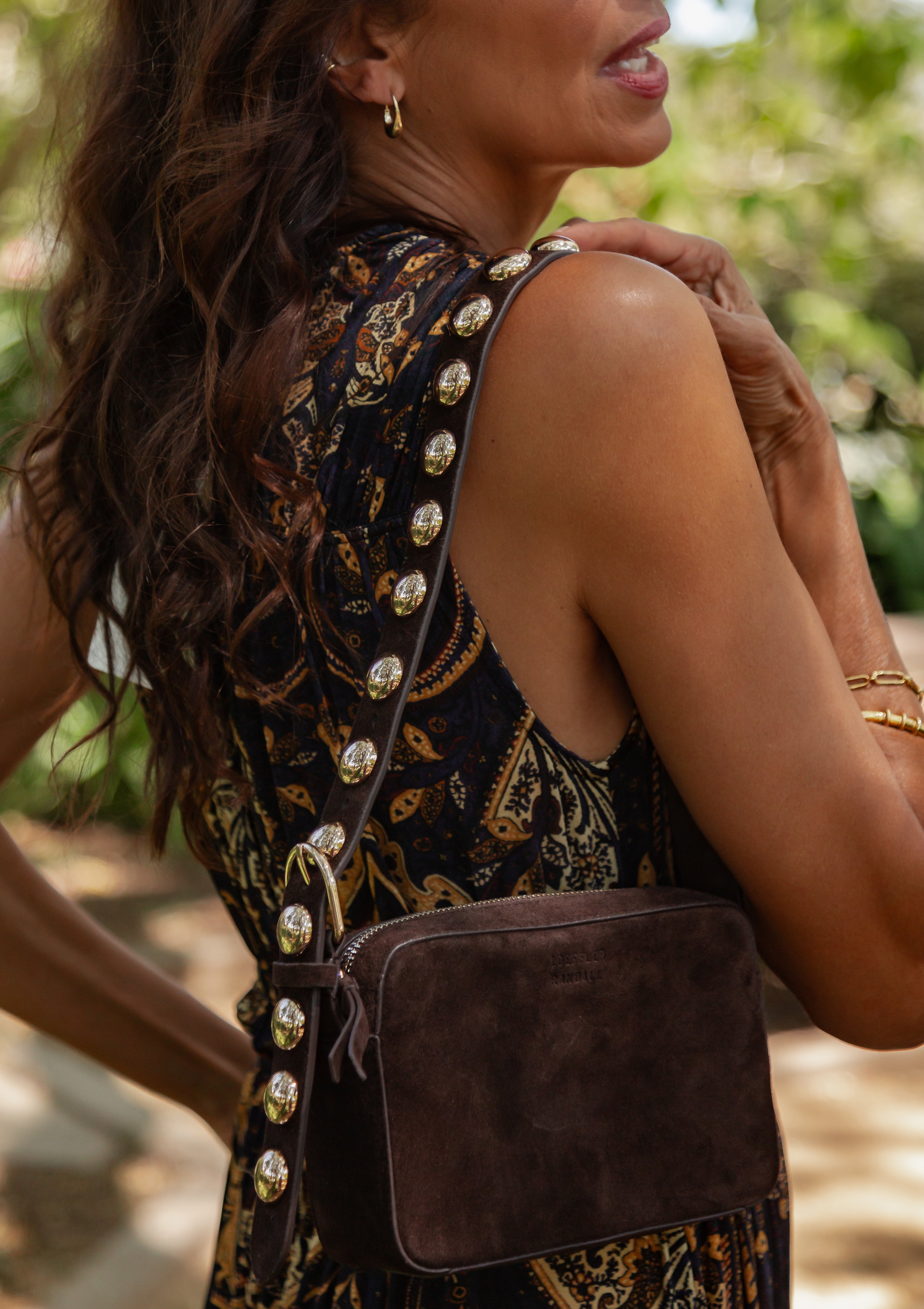 Tally Studded Camera Bag | Brown Suede