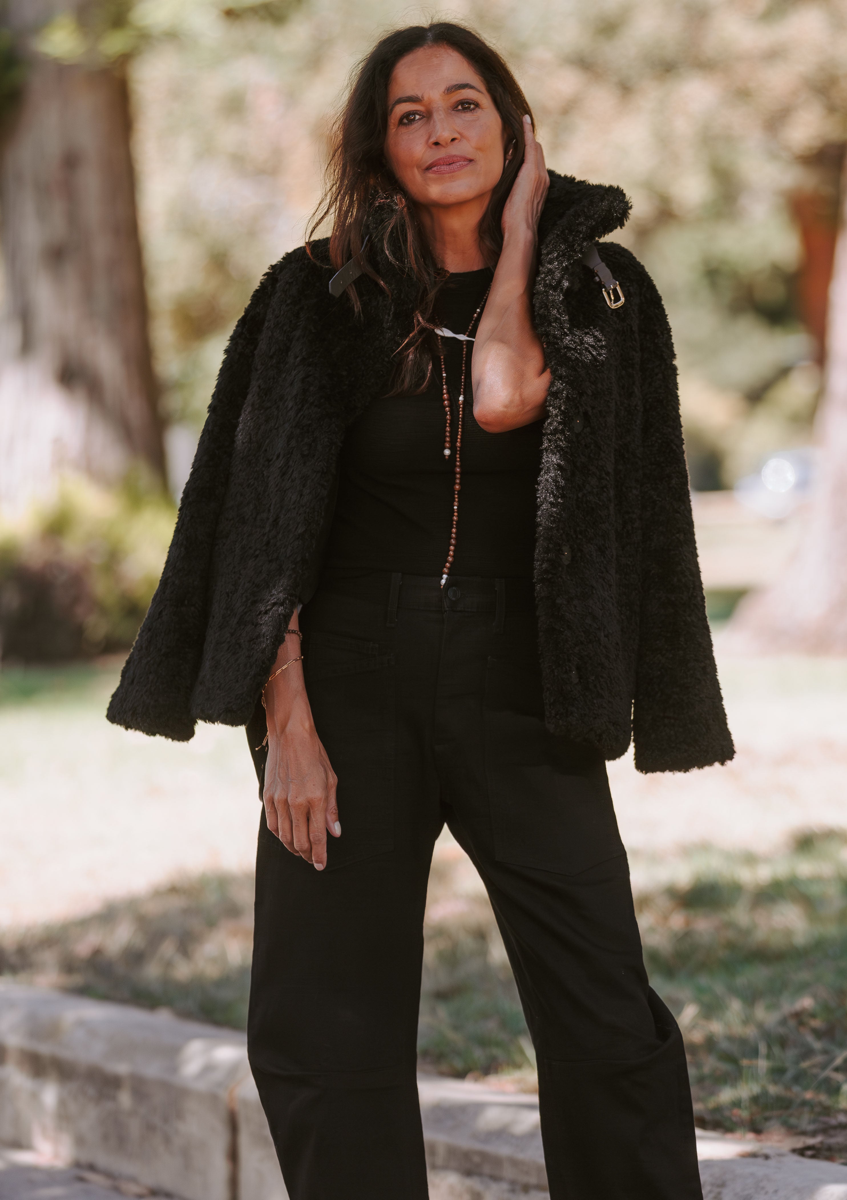Curly Faux Fur Jacket With High Collar | Black