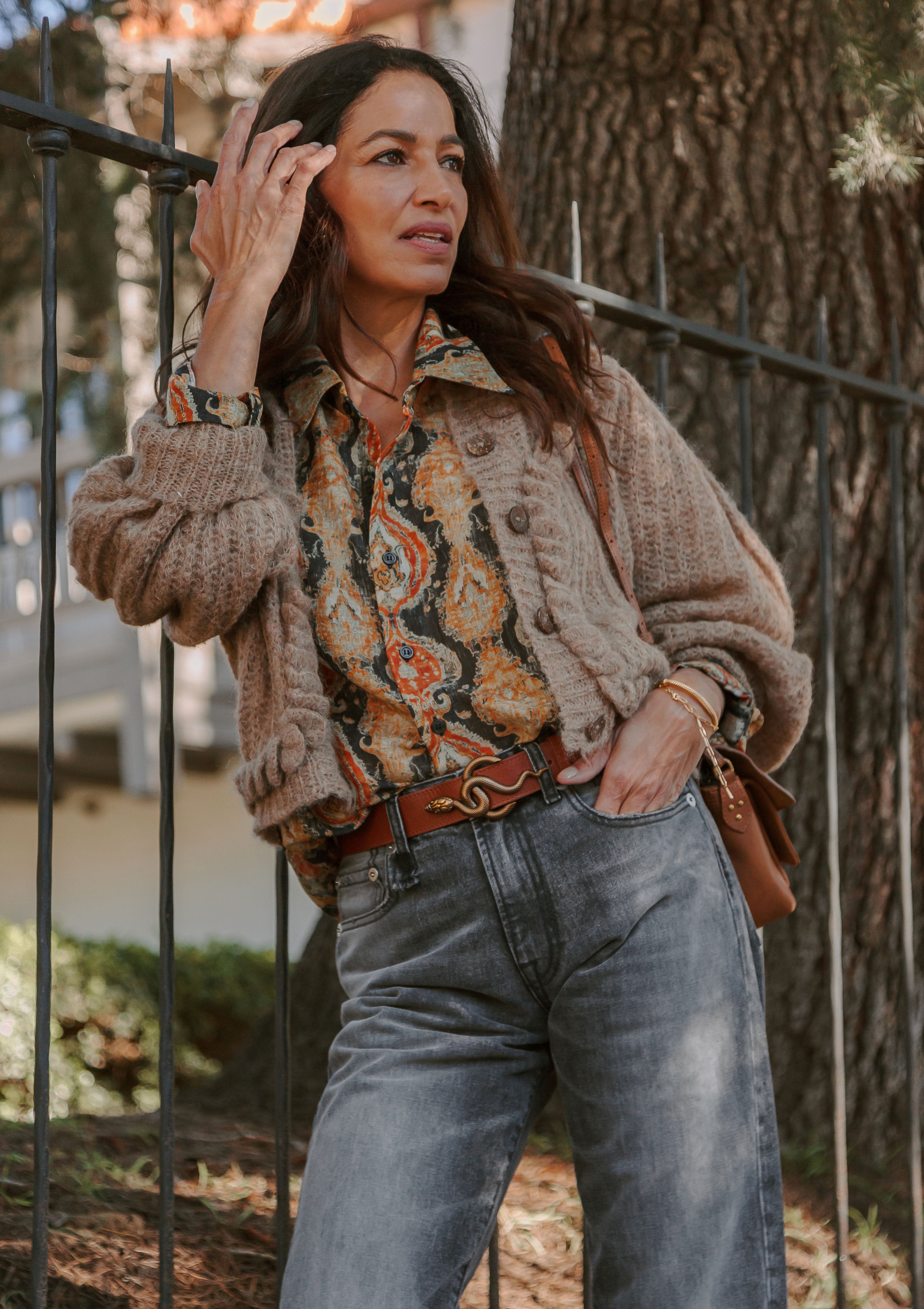 Gathered Yoke Drop Neck Shirt | Orange Dark Navy Multicolor