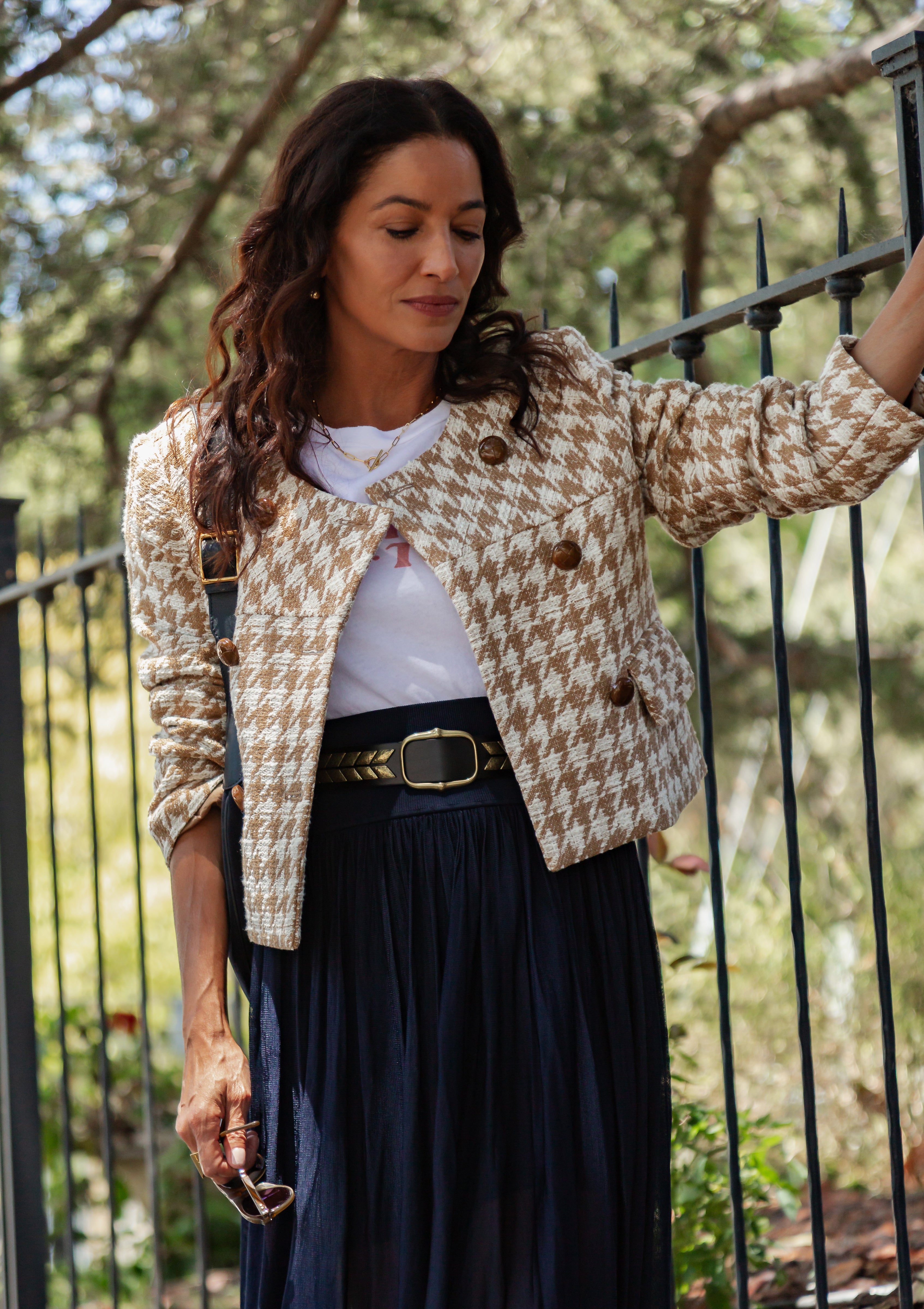 Collarless DB Mini Jacket | Camel Houndstooth