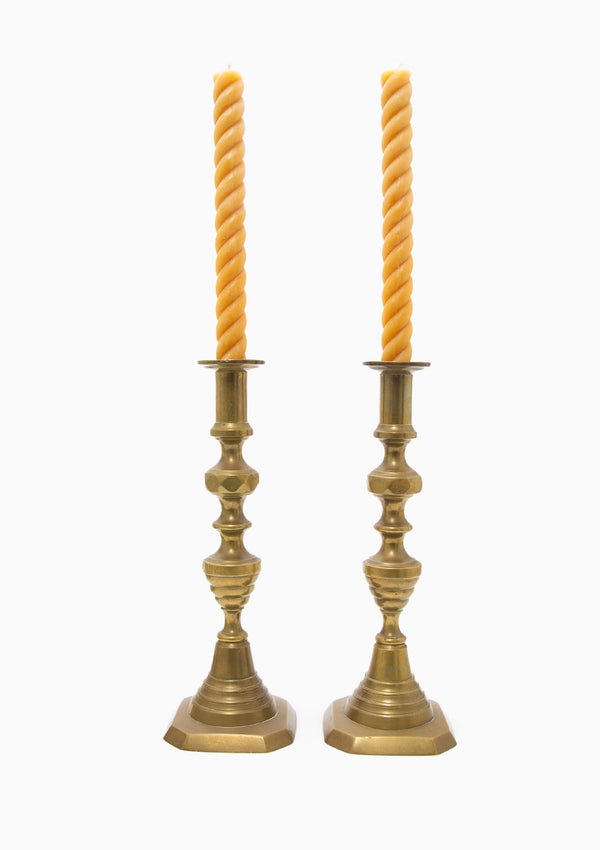 Antique Brass Beehive Candlesticks Pair, 12"