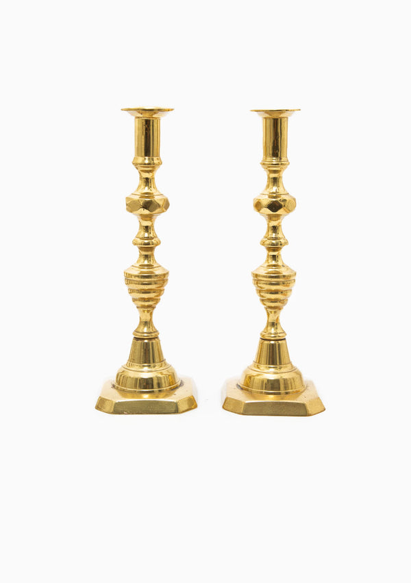 Antique Brass Victorian Beehive Candlesticks Pair, 11"