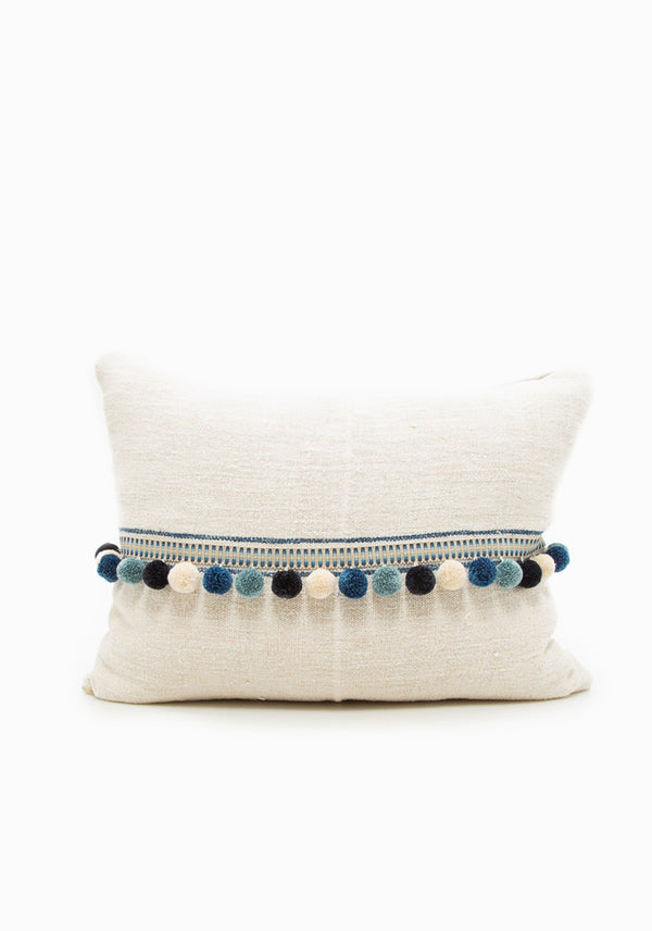 Blue Stripe Grain Sack Cushion With Blue Poms | 17" x 22"