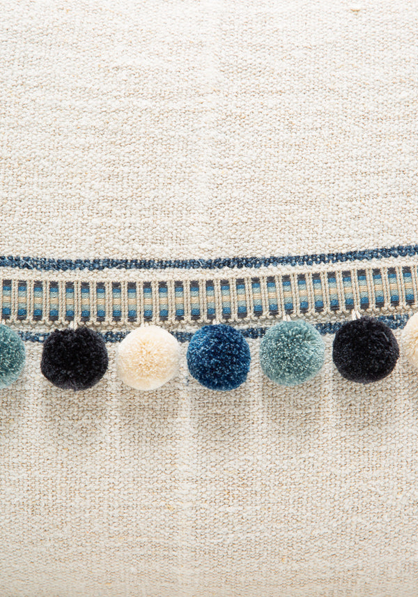 Blue Stripe Grain Sack Cushion With Blue Poms | 17" x 22"