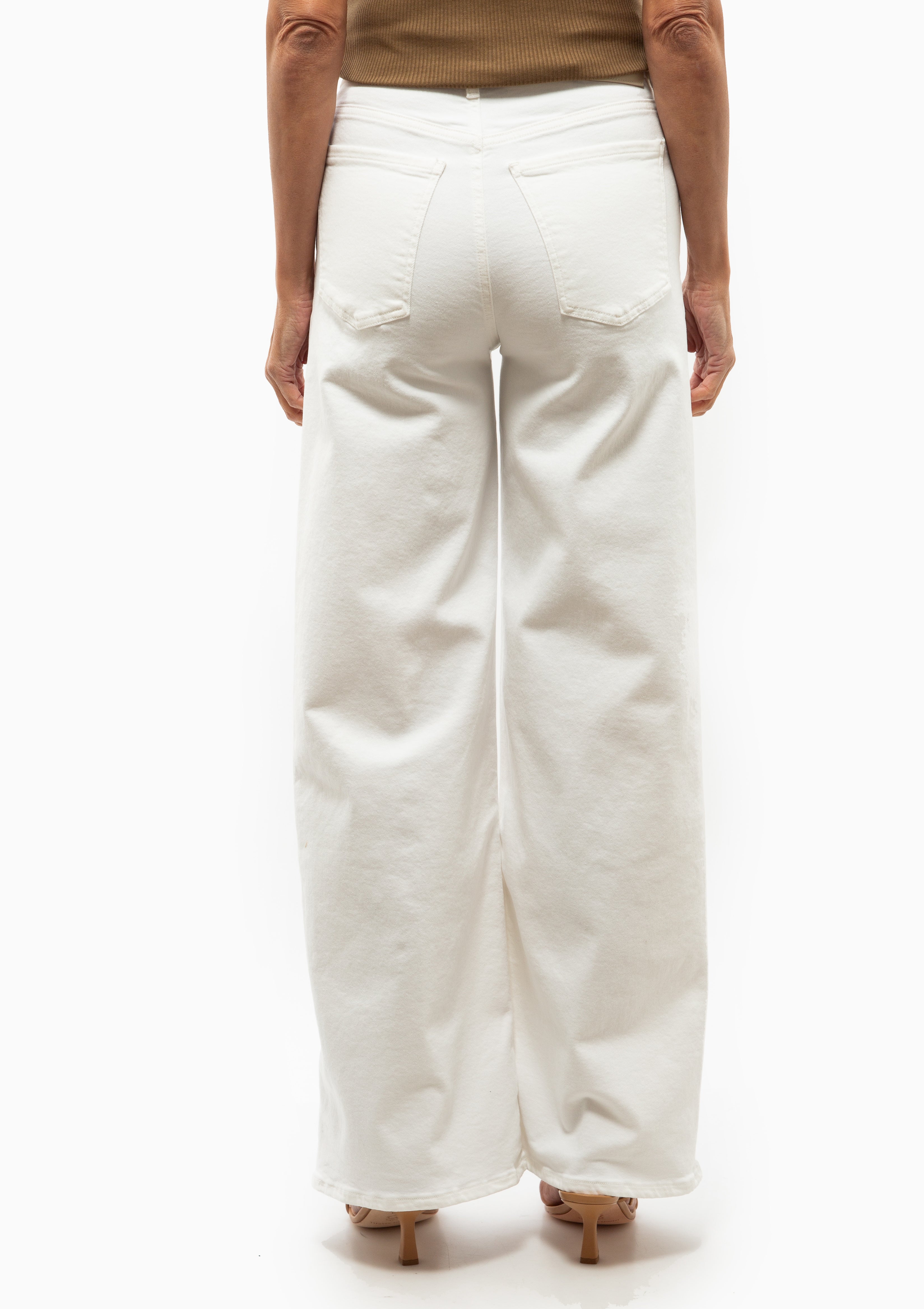Citizens of Humanity Long Wide Leg White Jeans with Loeffler Randall Triana Mid Heel sandal.