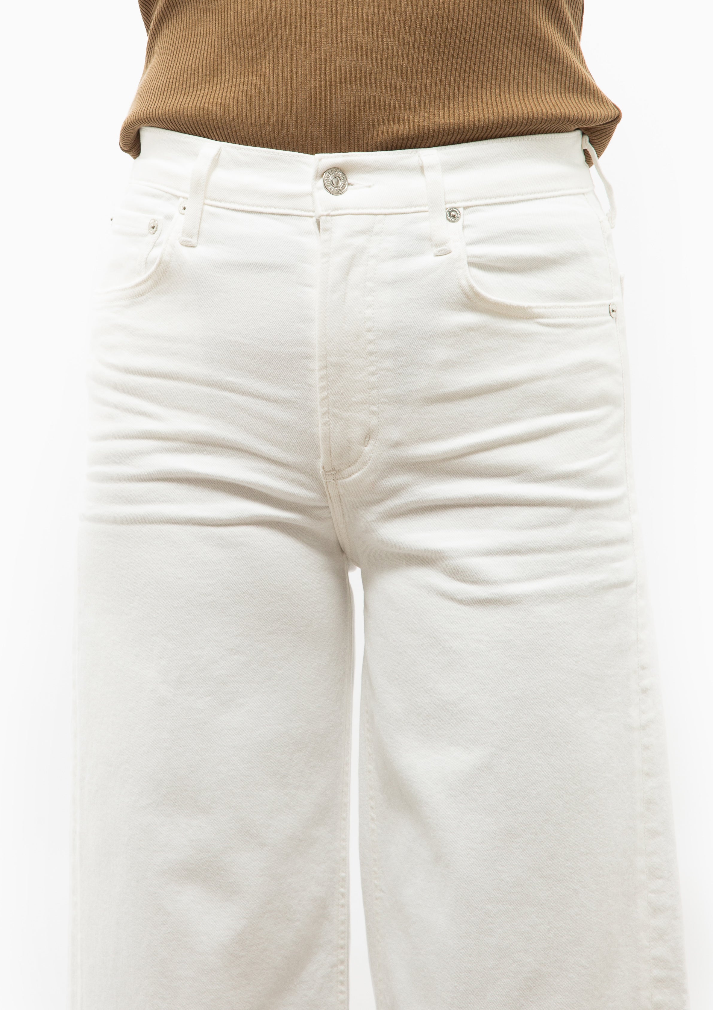 Citizens of Humanity Long Wide Leg White Jeans with Loeffler Randall Triana Mid Heel sandal.