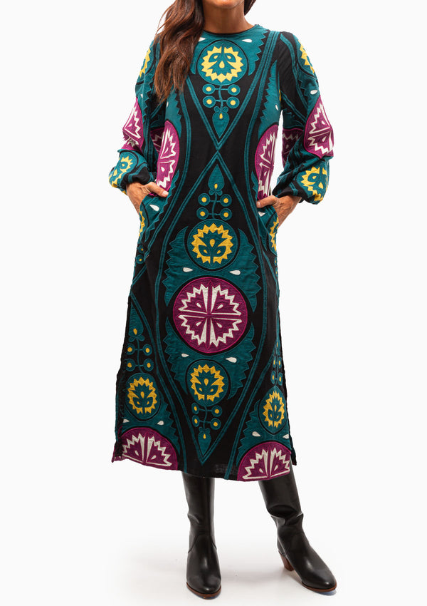 Gael Applique Long Sleeve Dress | Teal