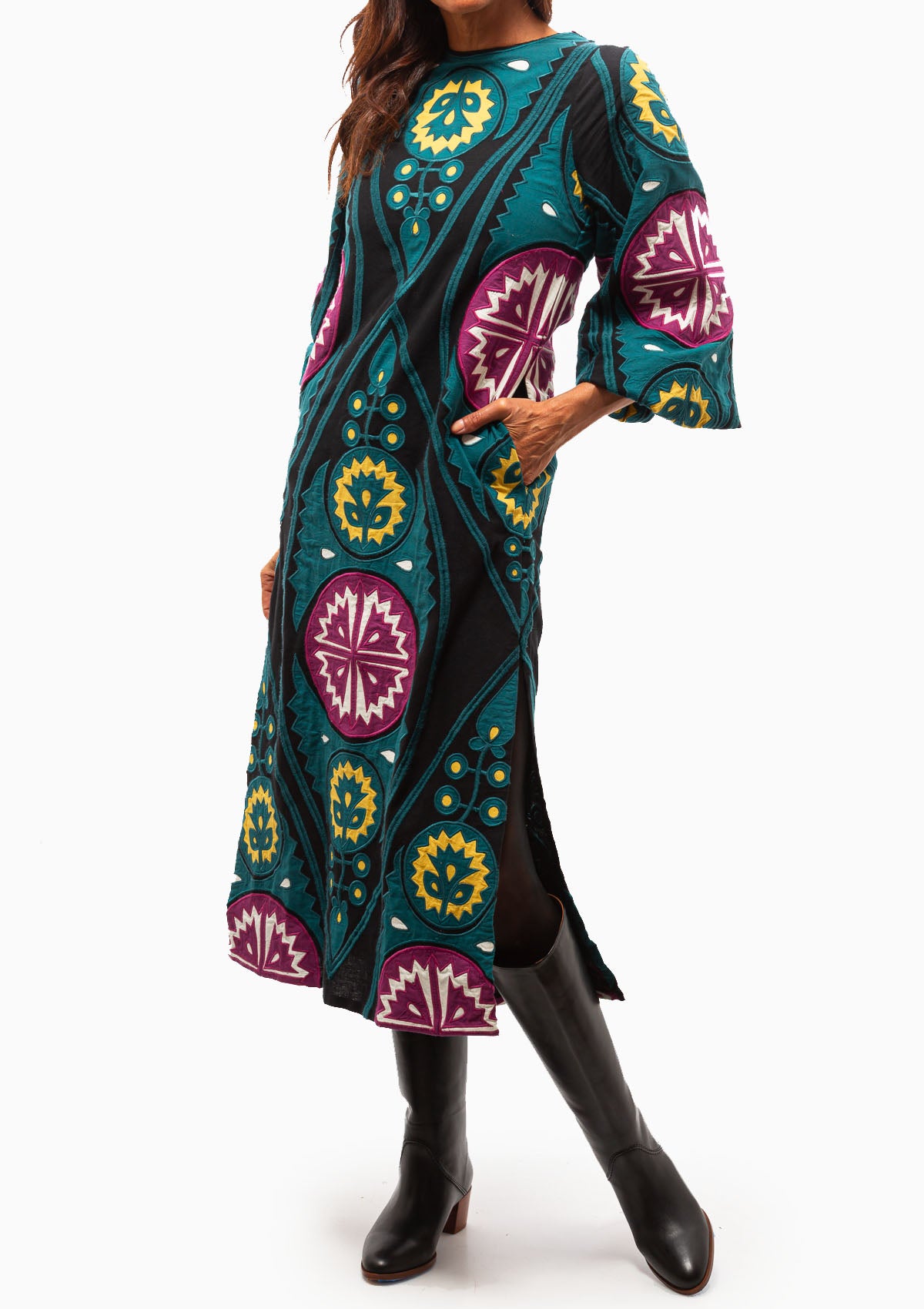 Gael Applique Long Sleeve Dress | Teal