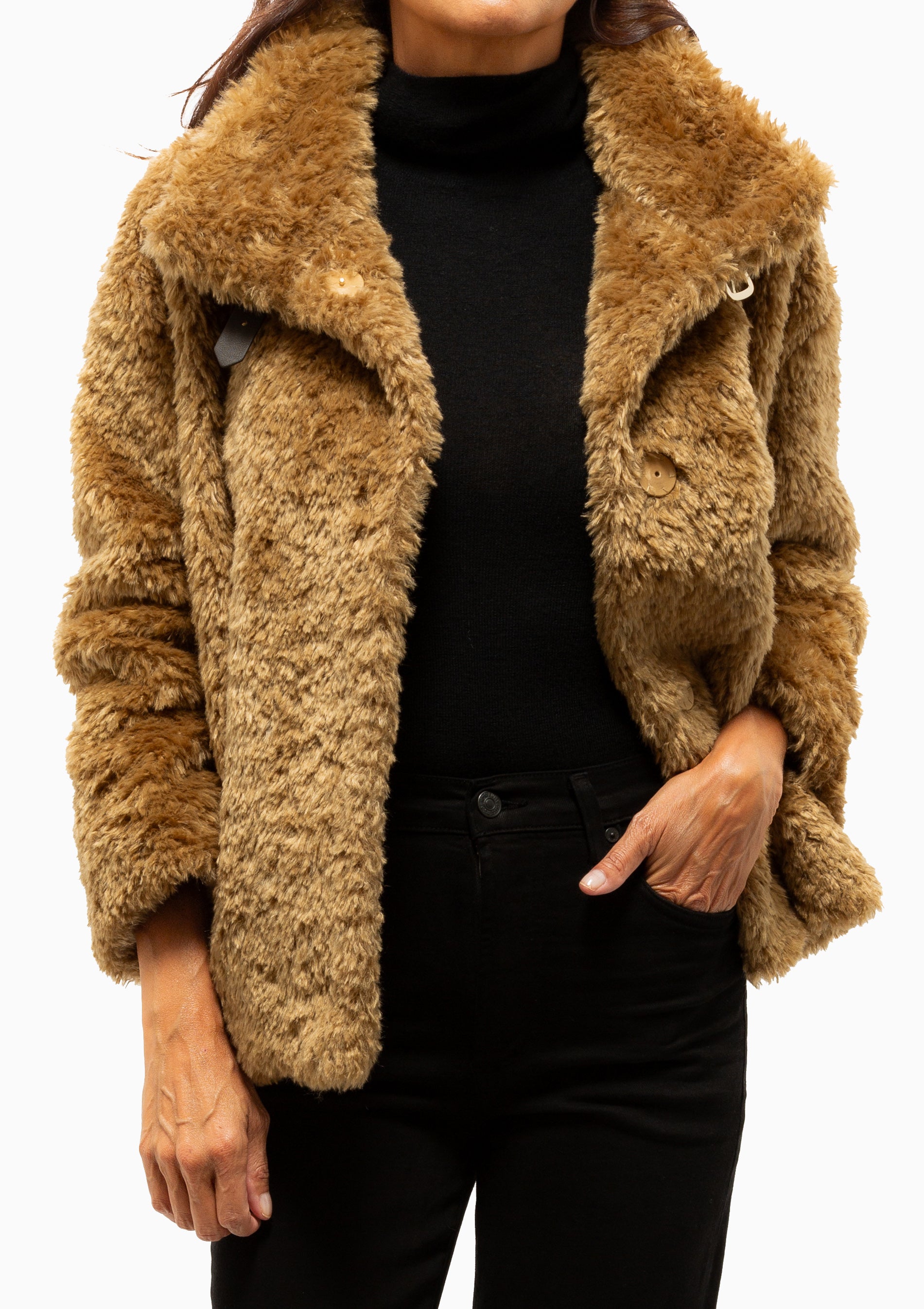 Curly Faux Fur Jacket With High Collar | Sand