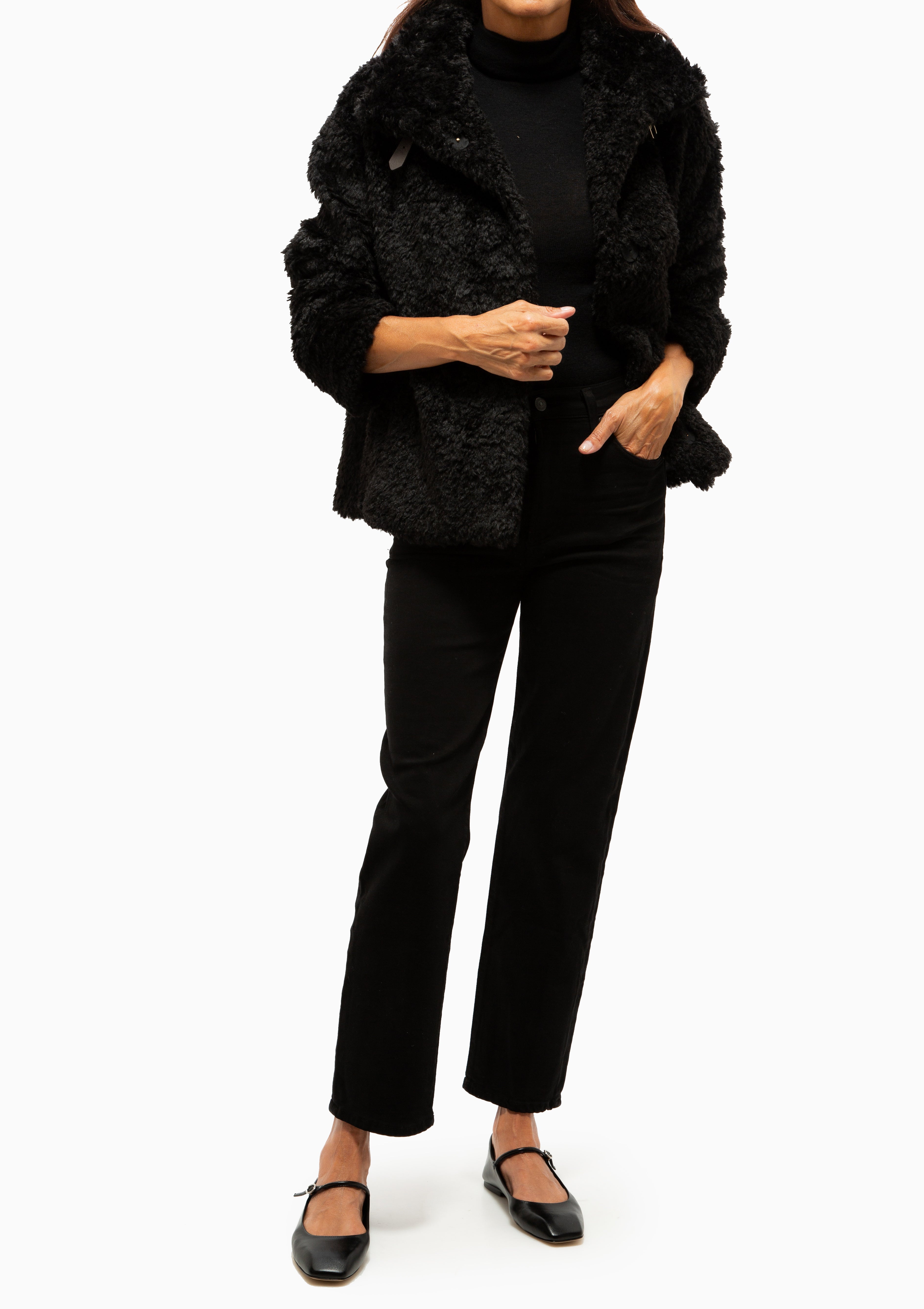 Curly Faux Fur Jacket With High Collar | Black