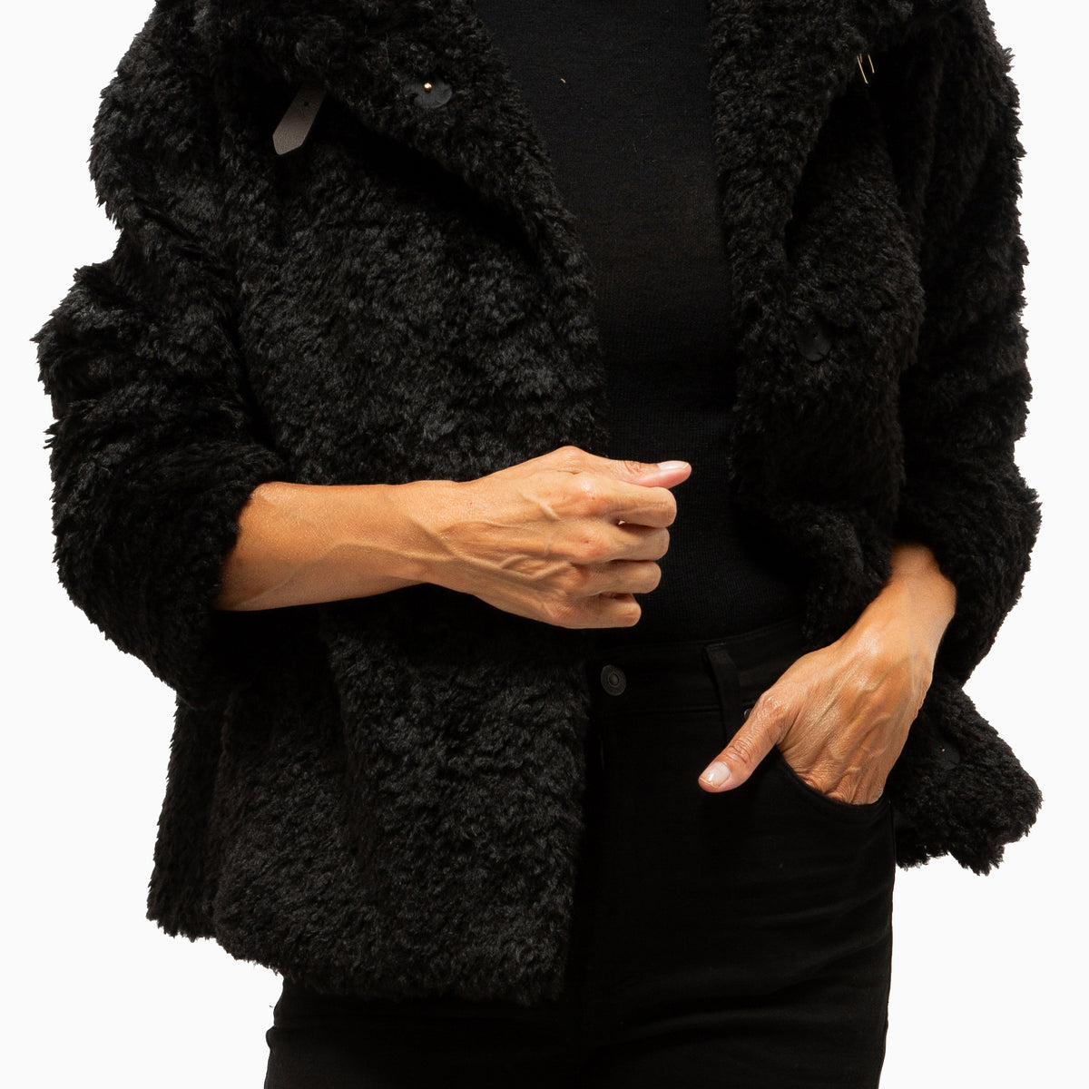 Curly Faux Fur Jacket With High Collar | Black