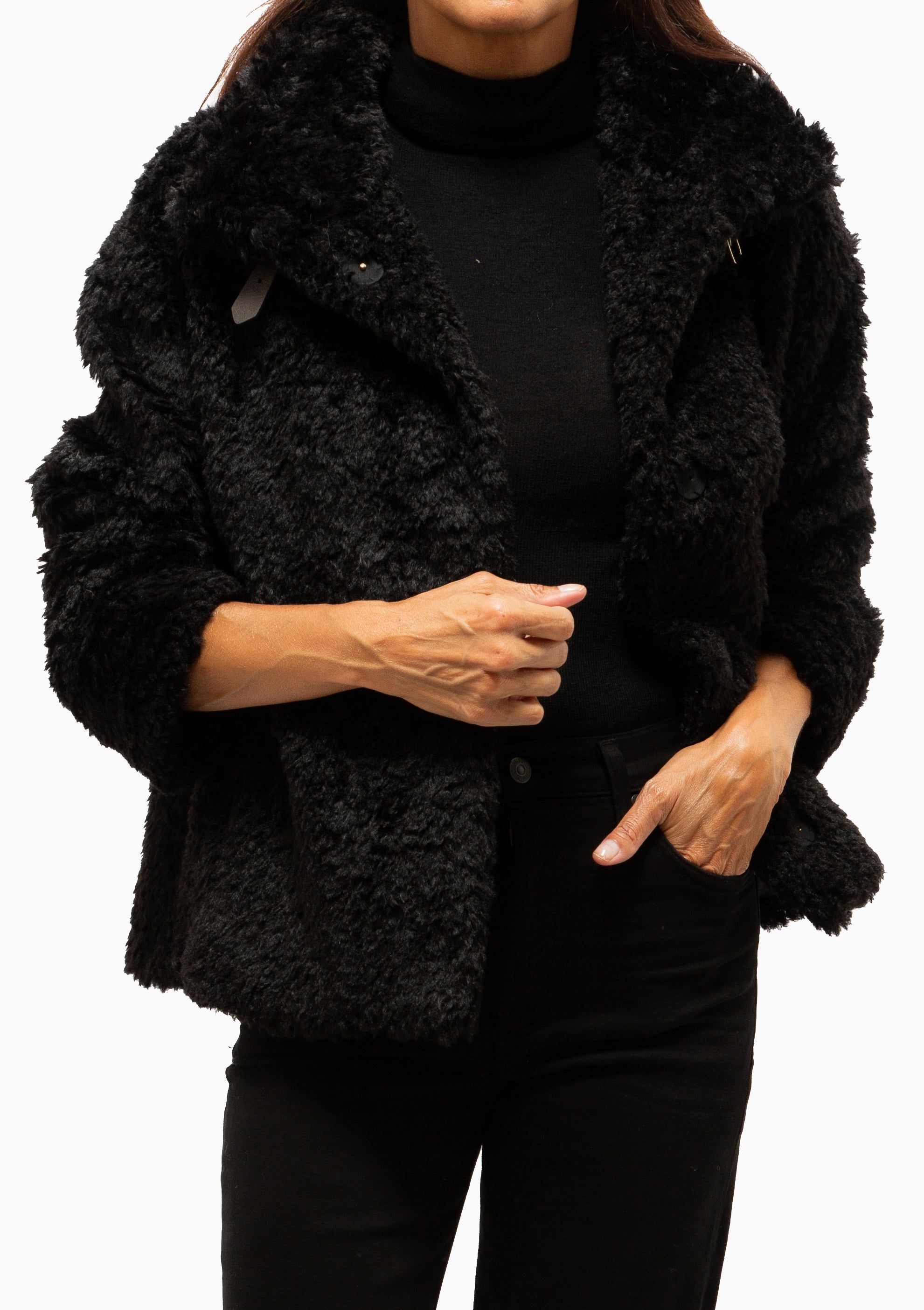 Curly Faux Fur Jacket With High Collar | Black