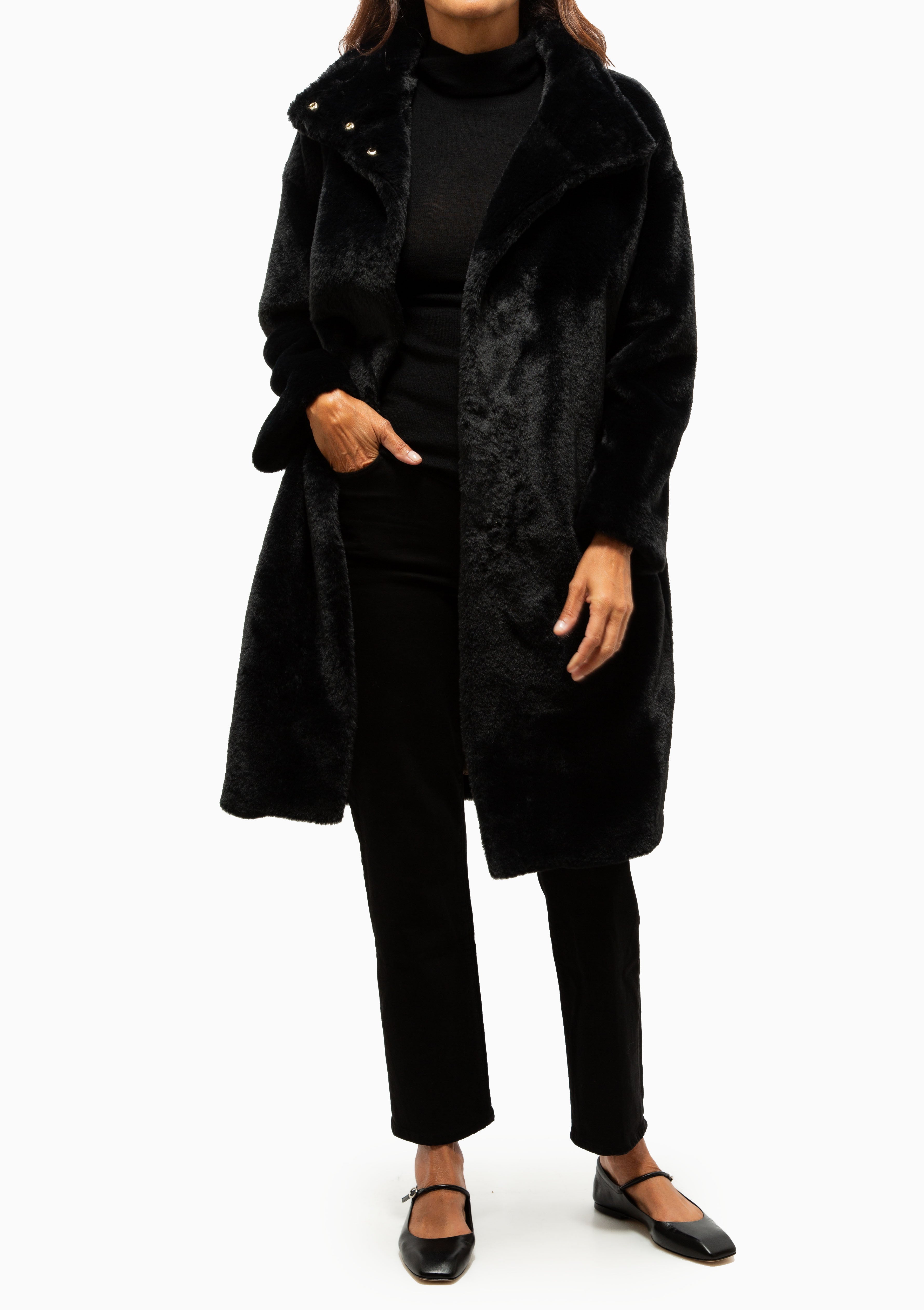 Faux Fur Stand Up Collar Coat | Black