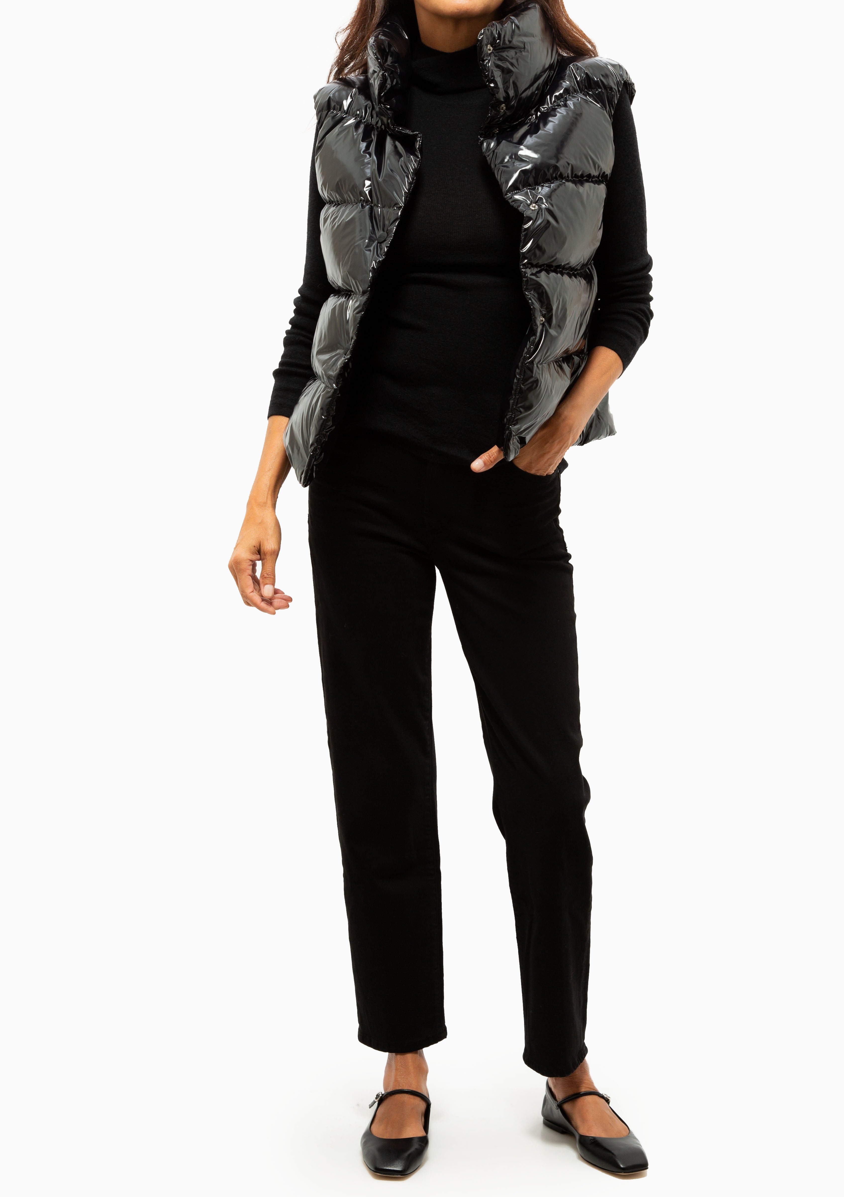 Gloss Snap Front Vest | Black