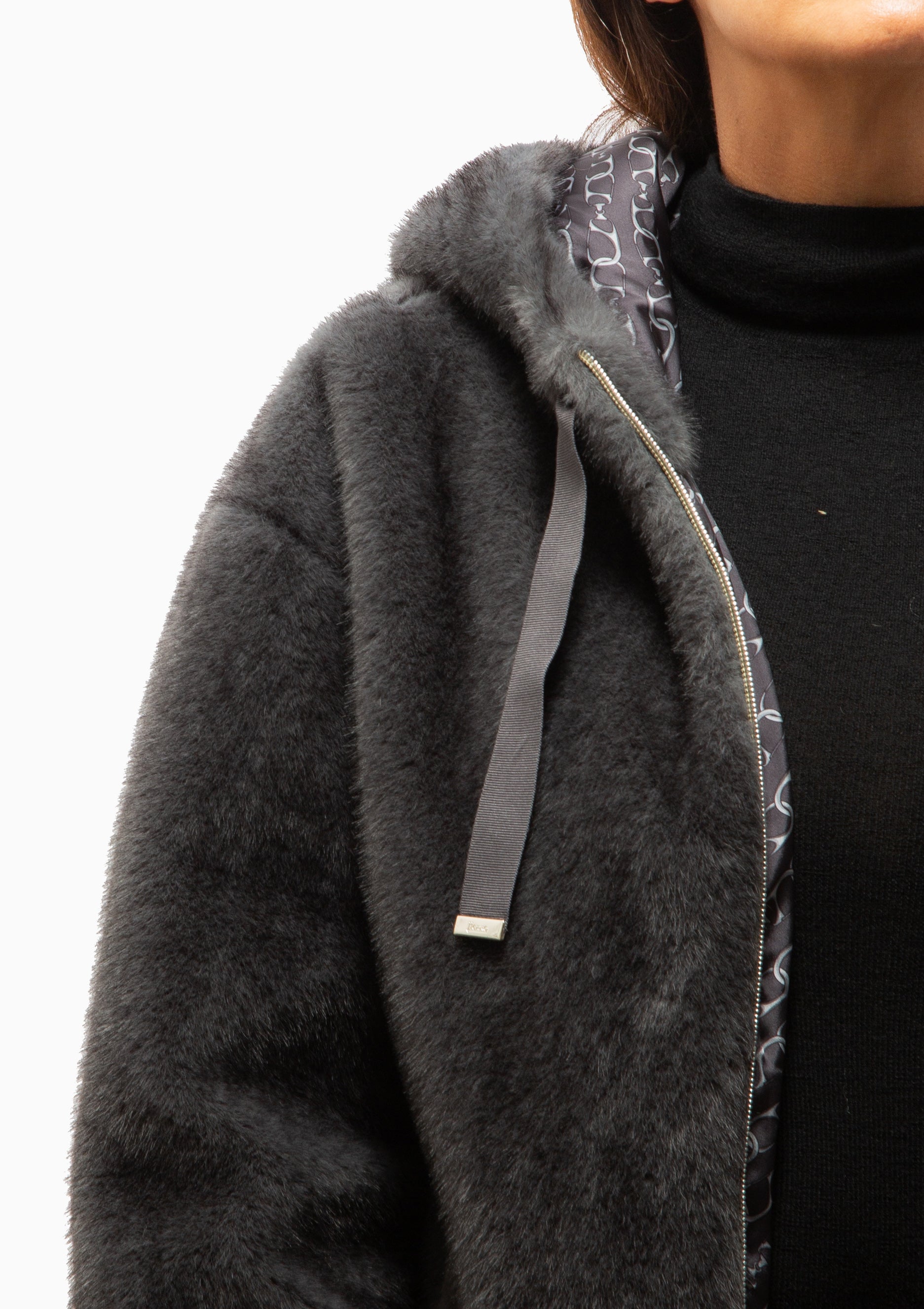 Melange Faux Fur Blouson Jacket With Hood | Antracite