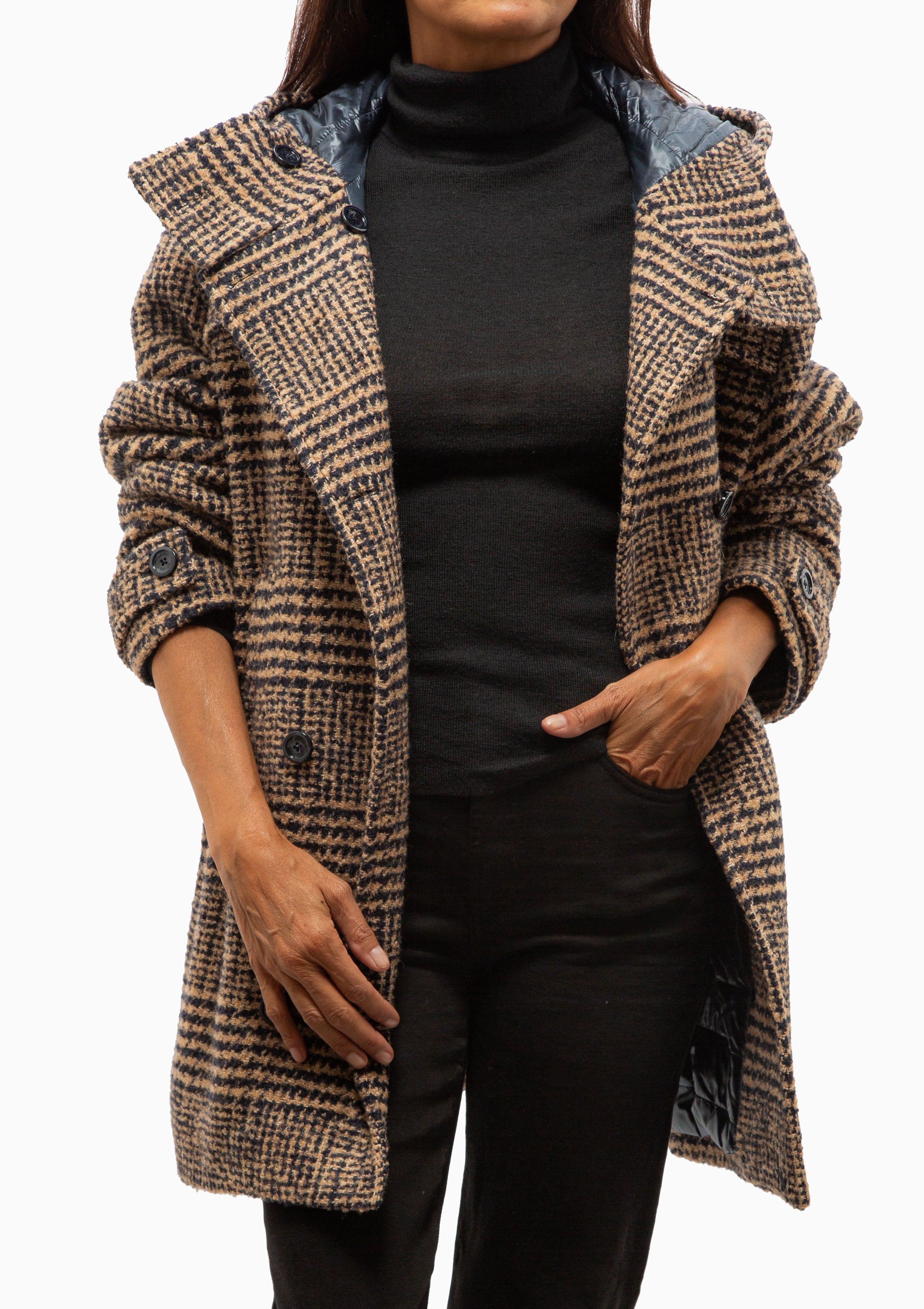 Prince Of Wales Hooded Coat | Camel