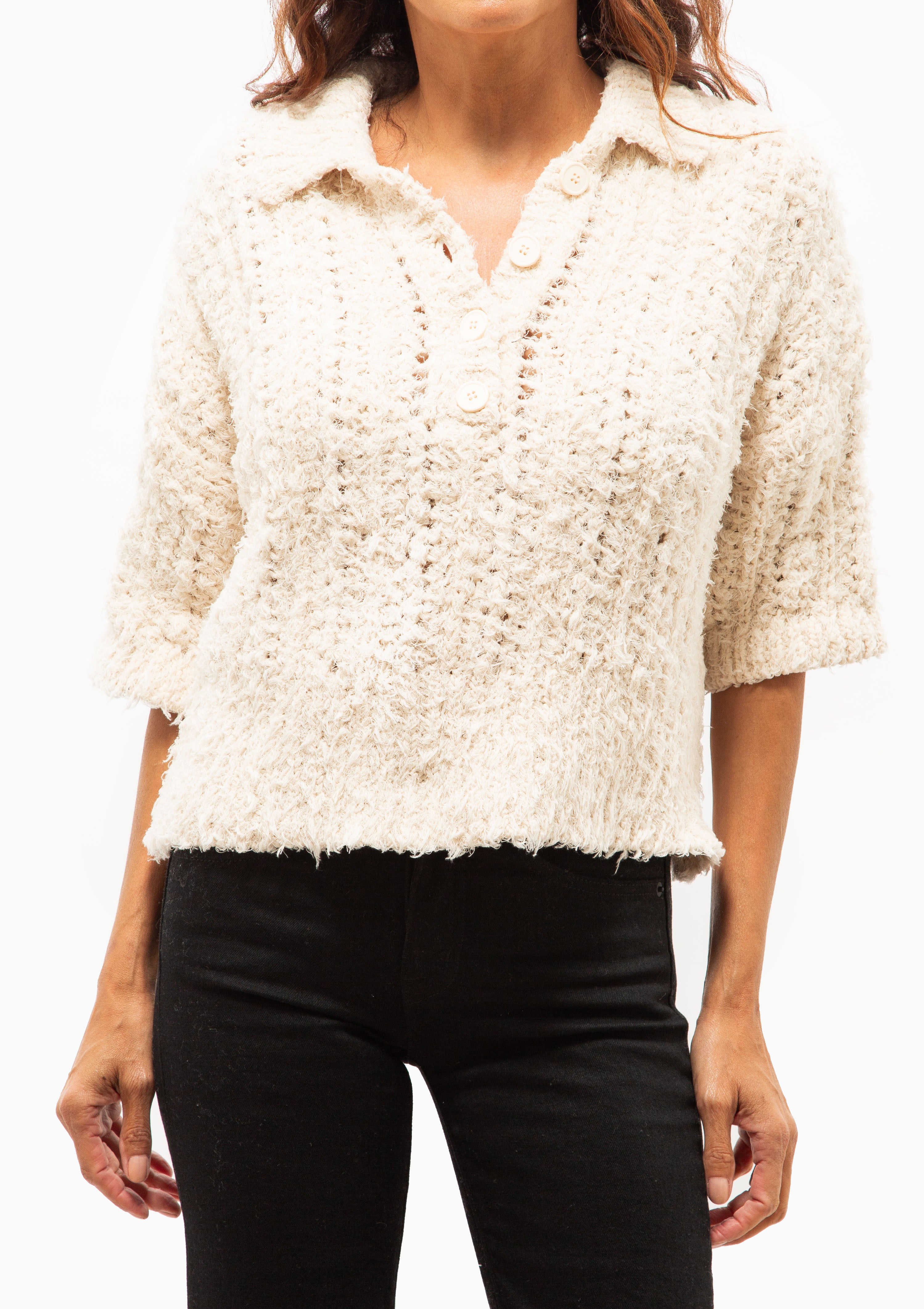 Clara Buttoned Knit Polo | Ivory