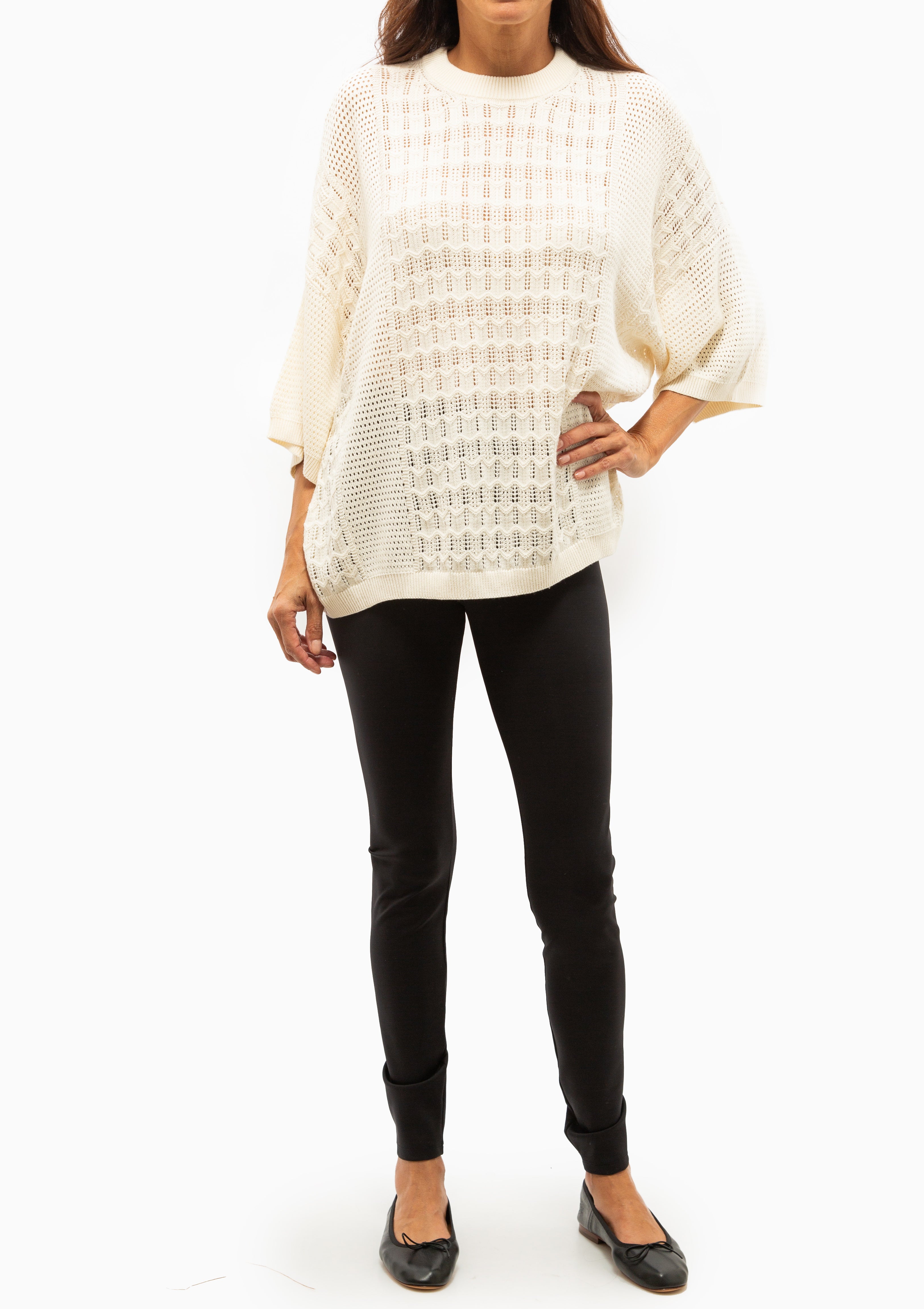 Bella  Paneled Lace Knit T-Shirt | Cream