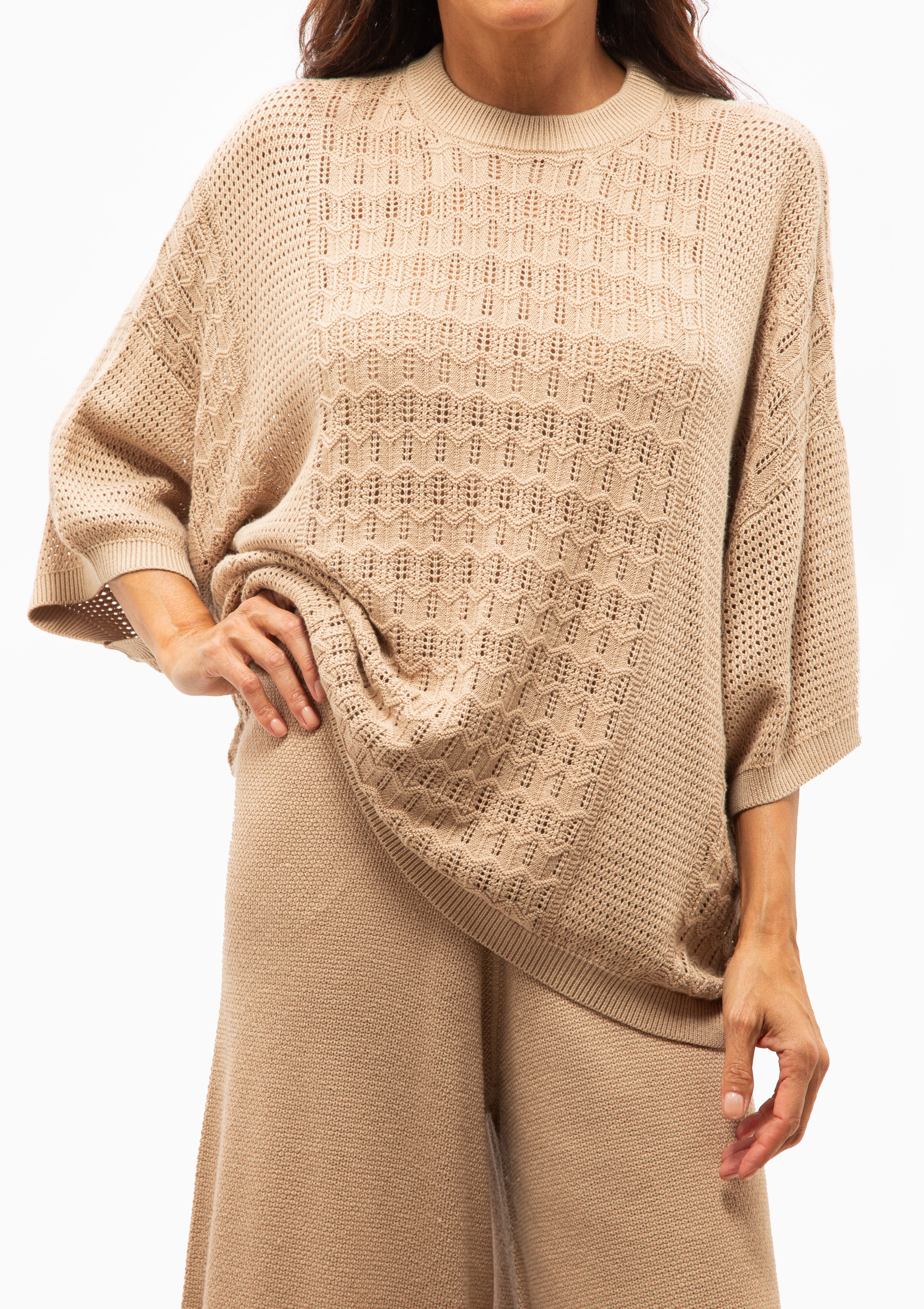 Mr. Mittens | Bella Paneled Lace Knit T-Shirt | Sand