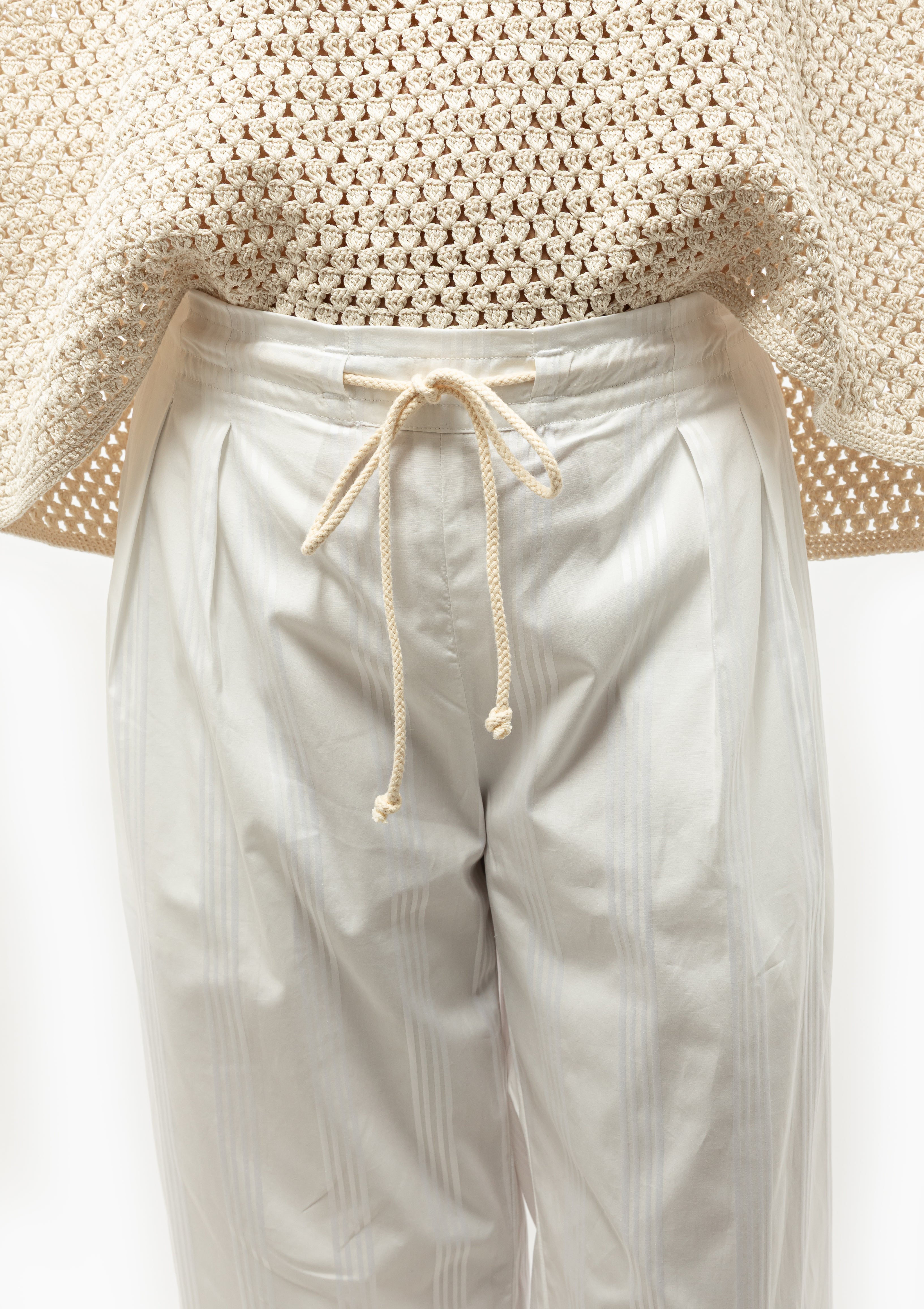 Drawstring Pleat Front Pant | White/White Stripe