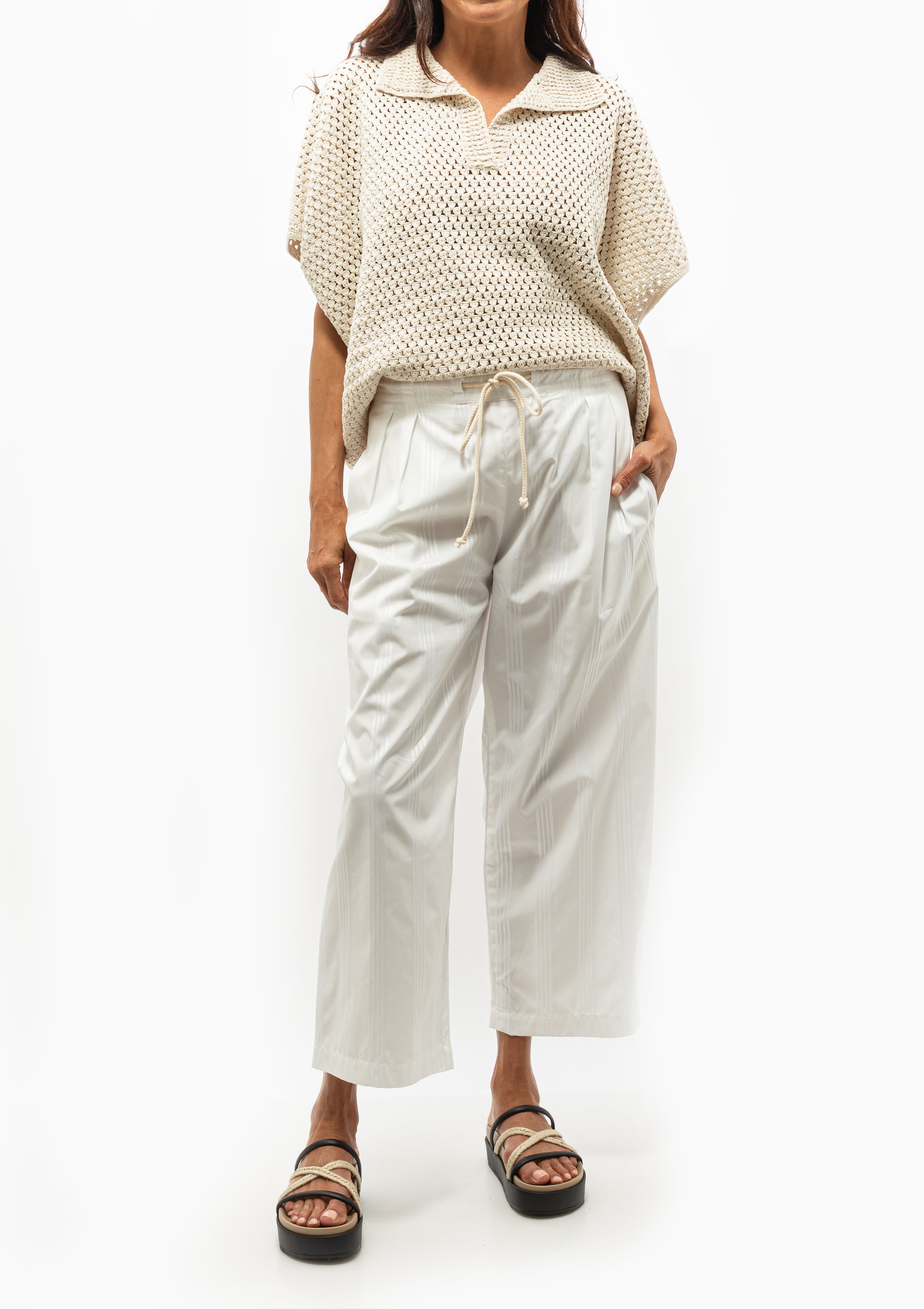 Drawstring Pleat Front Pant | White/White Stripe