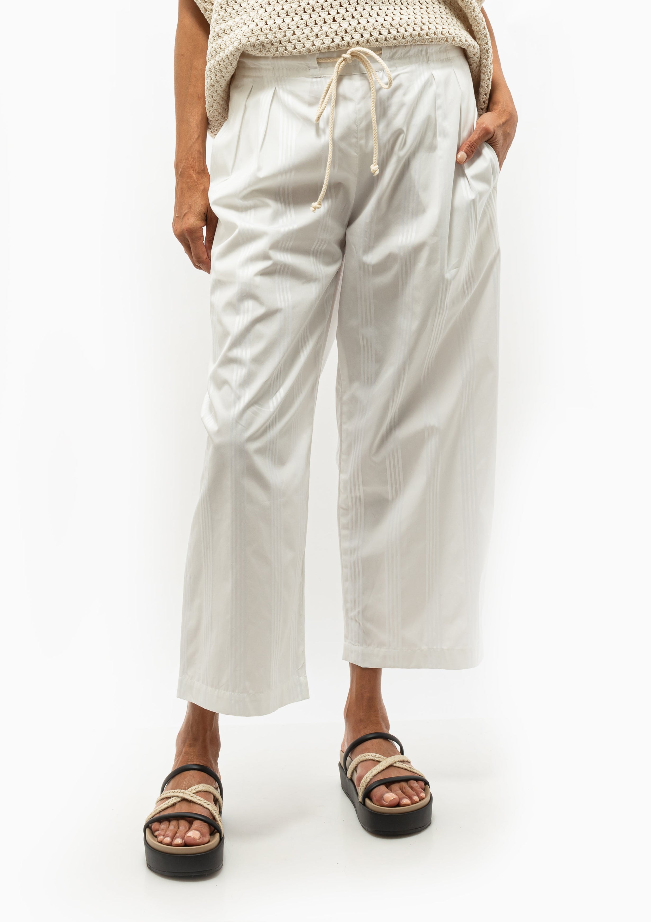 Drawstring Pleat Front Pant | White/White Stripe