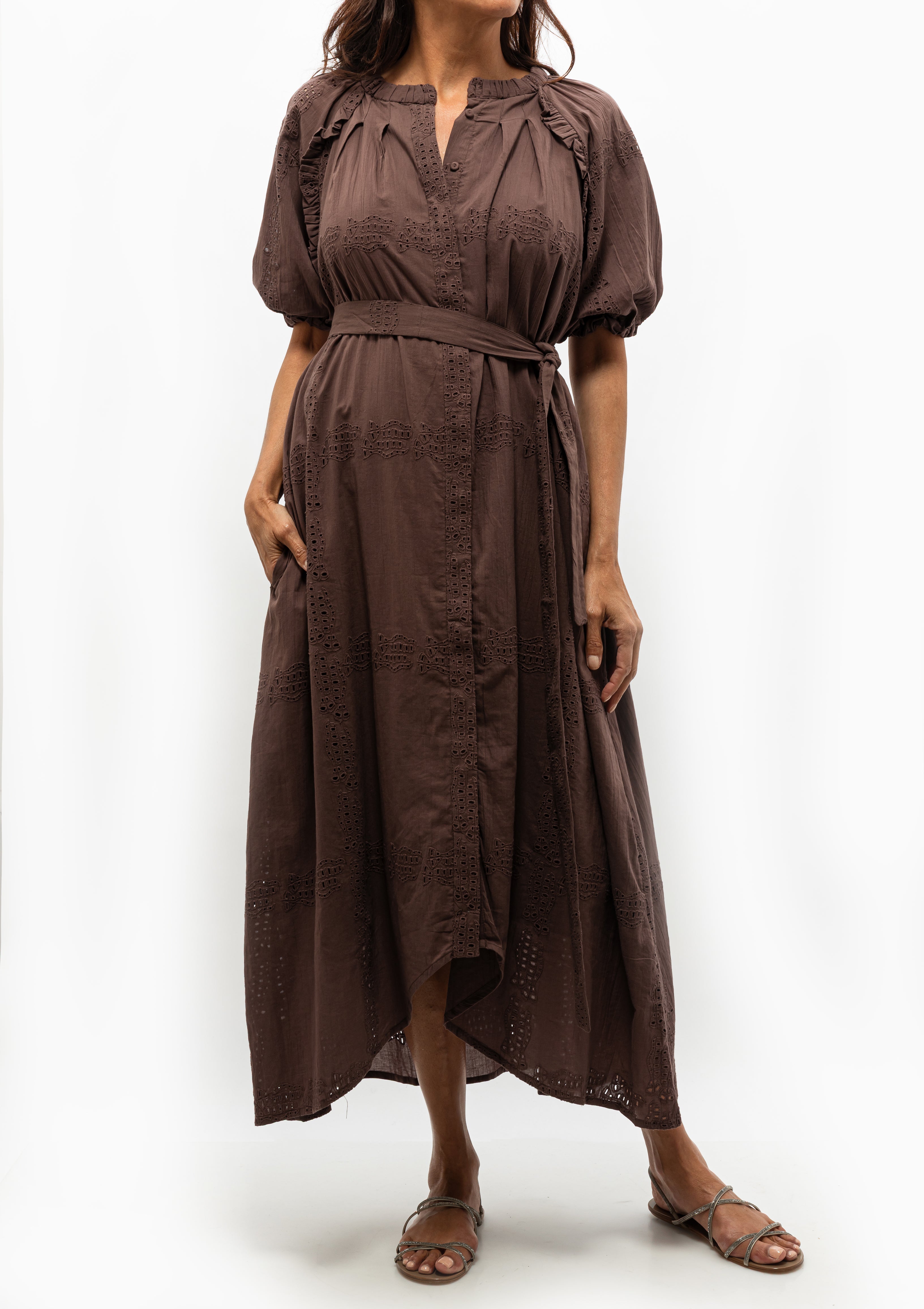 Charming and breezy, the Sommerset Dress in Grappa, shown with the Panie Sandal by Pedro Garcia. Available at Diani Boutique.