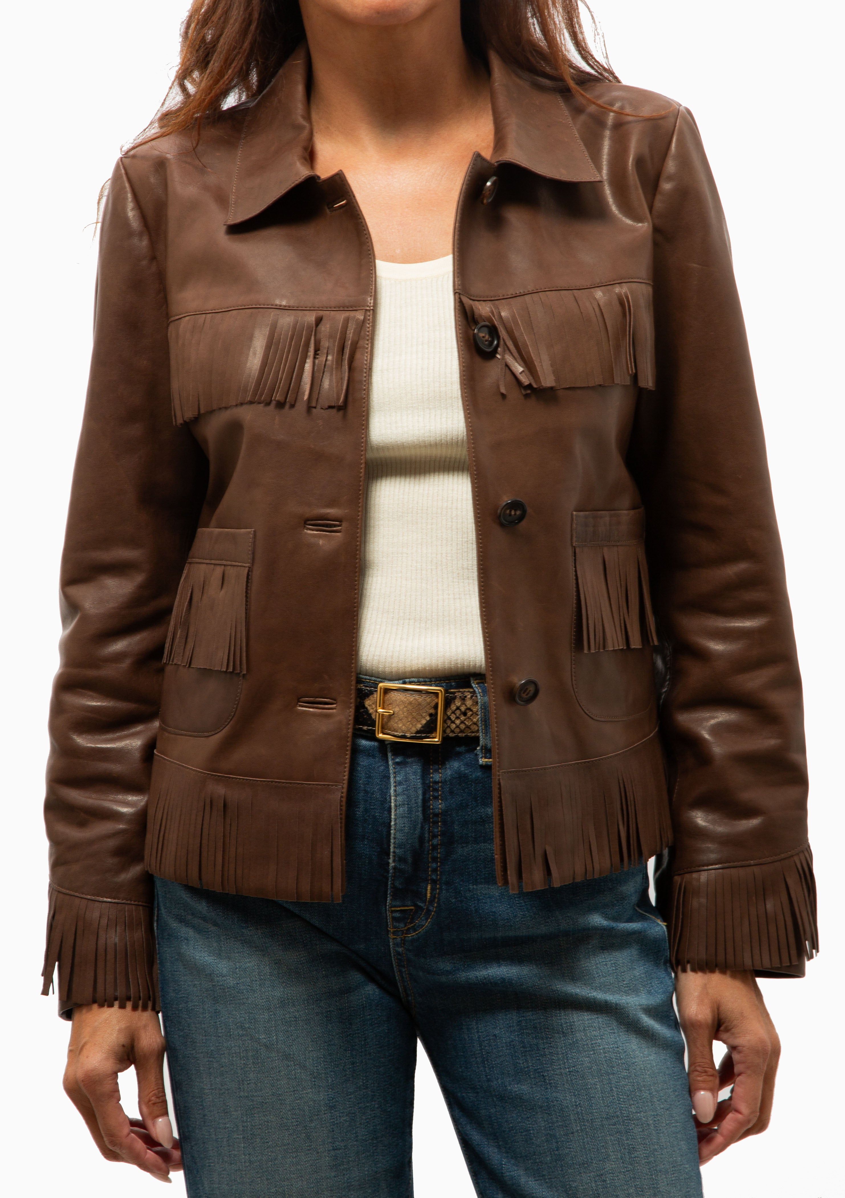 Lazare Fringe Leather Jacket | Dark Brown