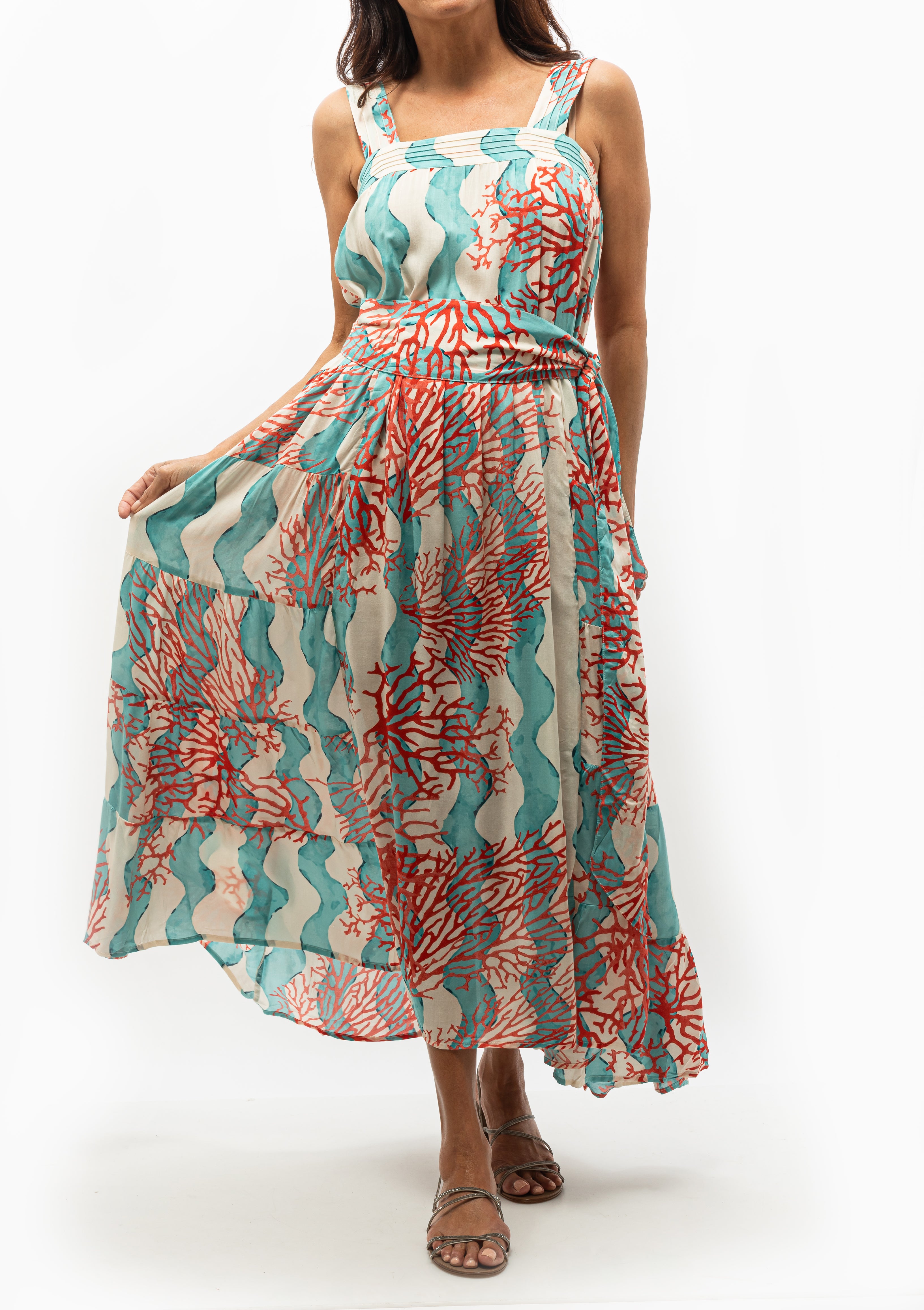 Natalie Martin Jasmine Dress with sash tie waist, shown with the Pedro Garcia Panie Sandal available at Diani Boutique.