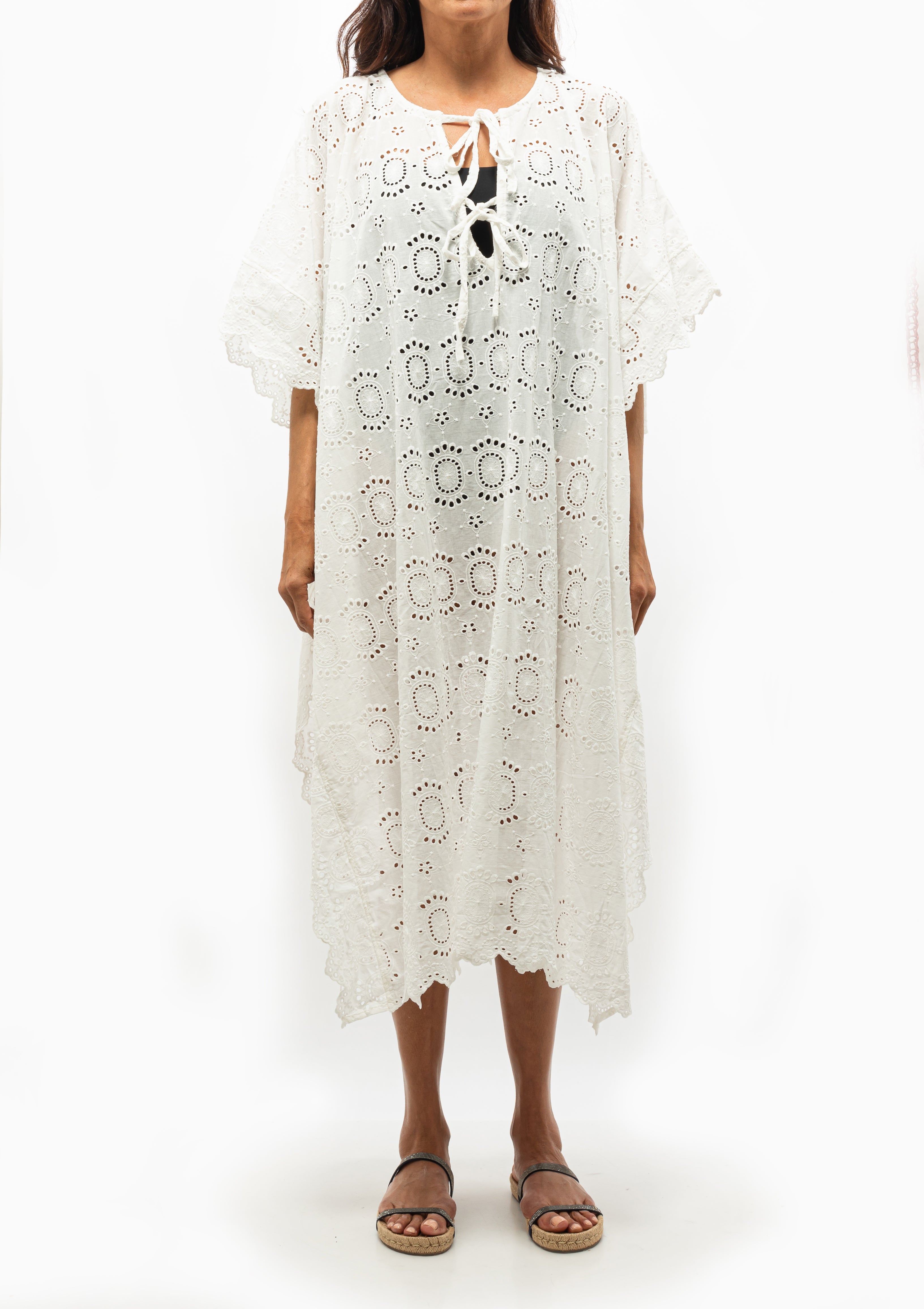 Natalie Martin Paulina Embroidery Salt Kaftan with delicate detailing, available at Diani Boutique.