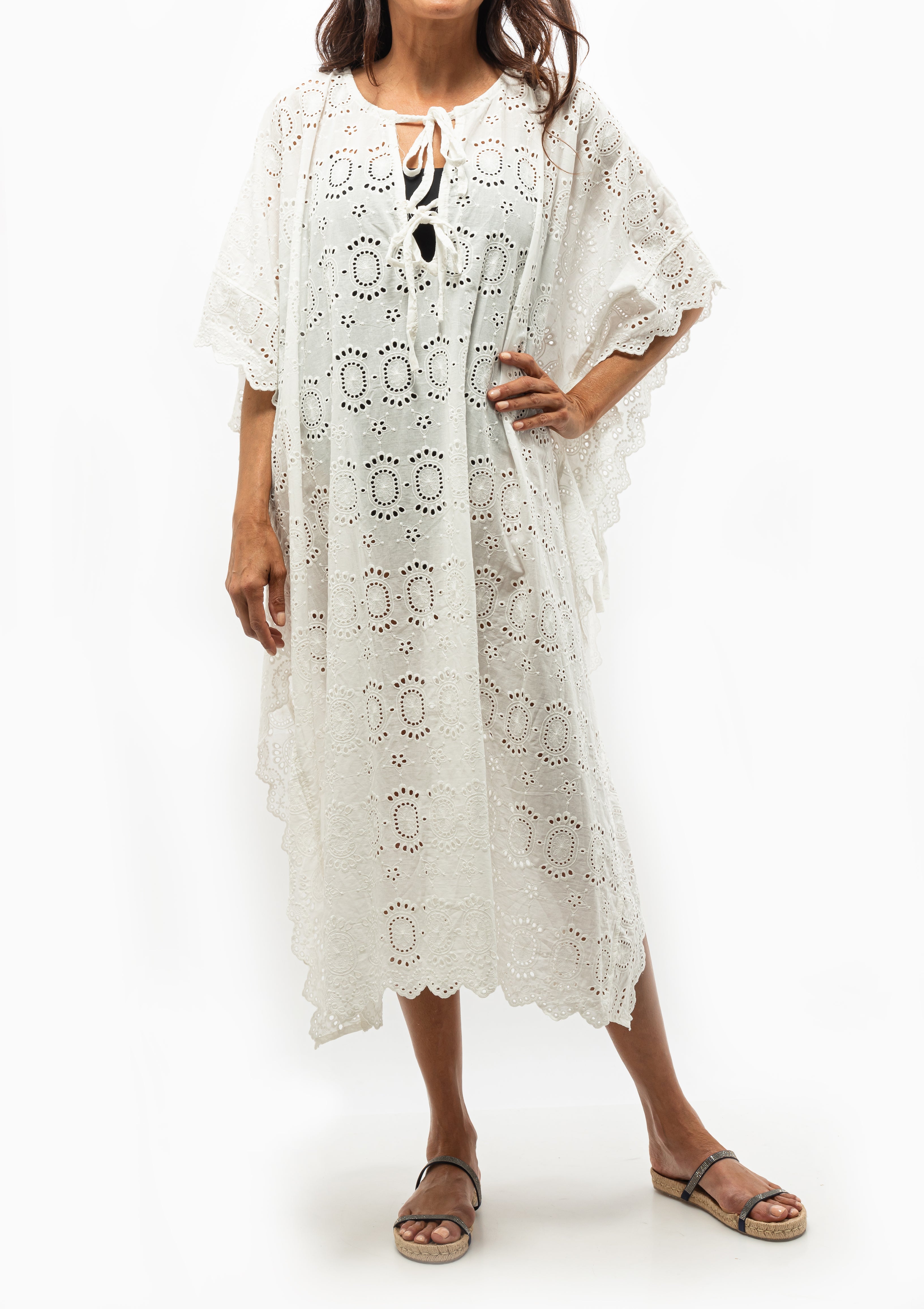 Natalie Martin Paulina Embroidery Salt Kaftan with delicate detailing, available at Diani Boutique.