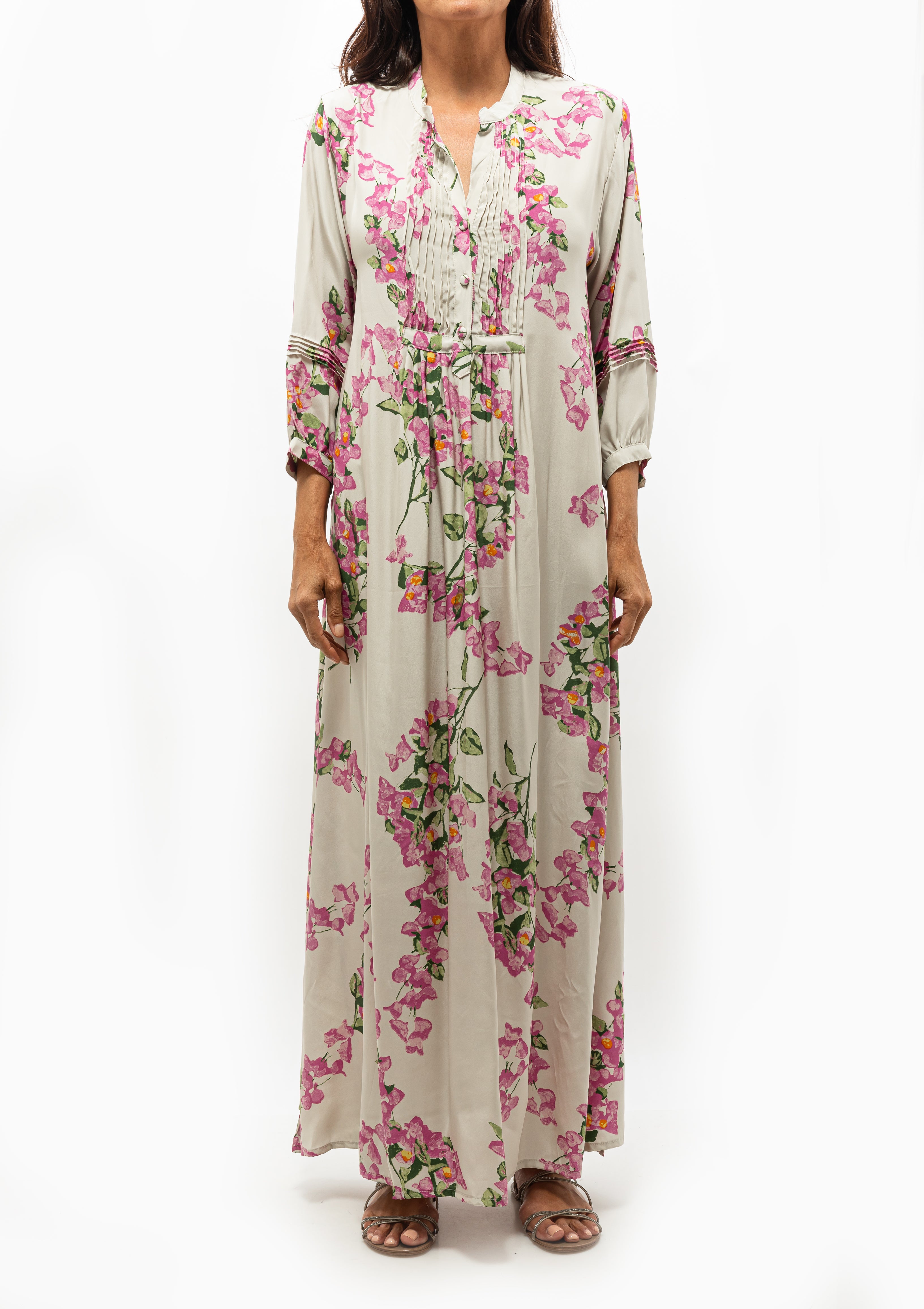 Flowy and floral Natalie Martin Sammie Dress in Bougainvilla Mother of Pearl — find it at Diani Boutique.