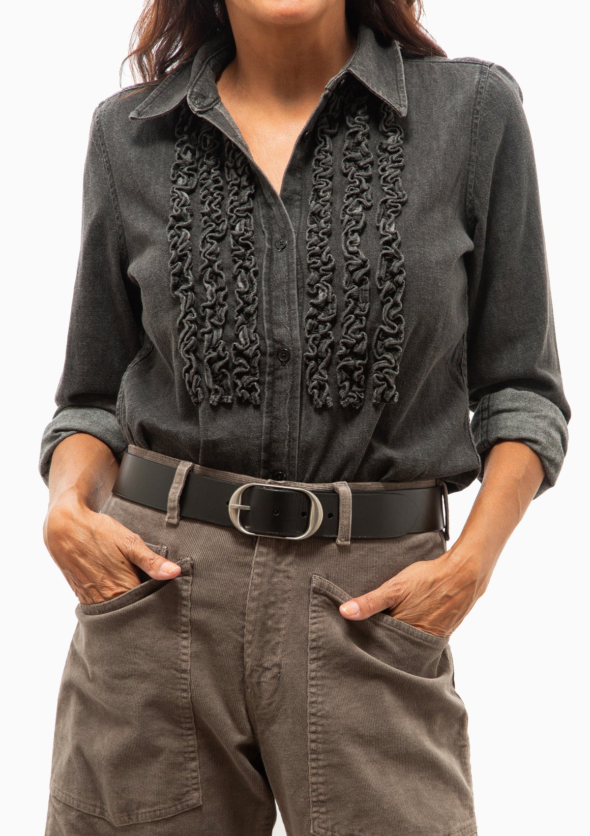 Emilie Denim Ruffle Shirt | Faded Black Wash