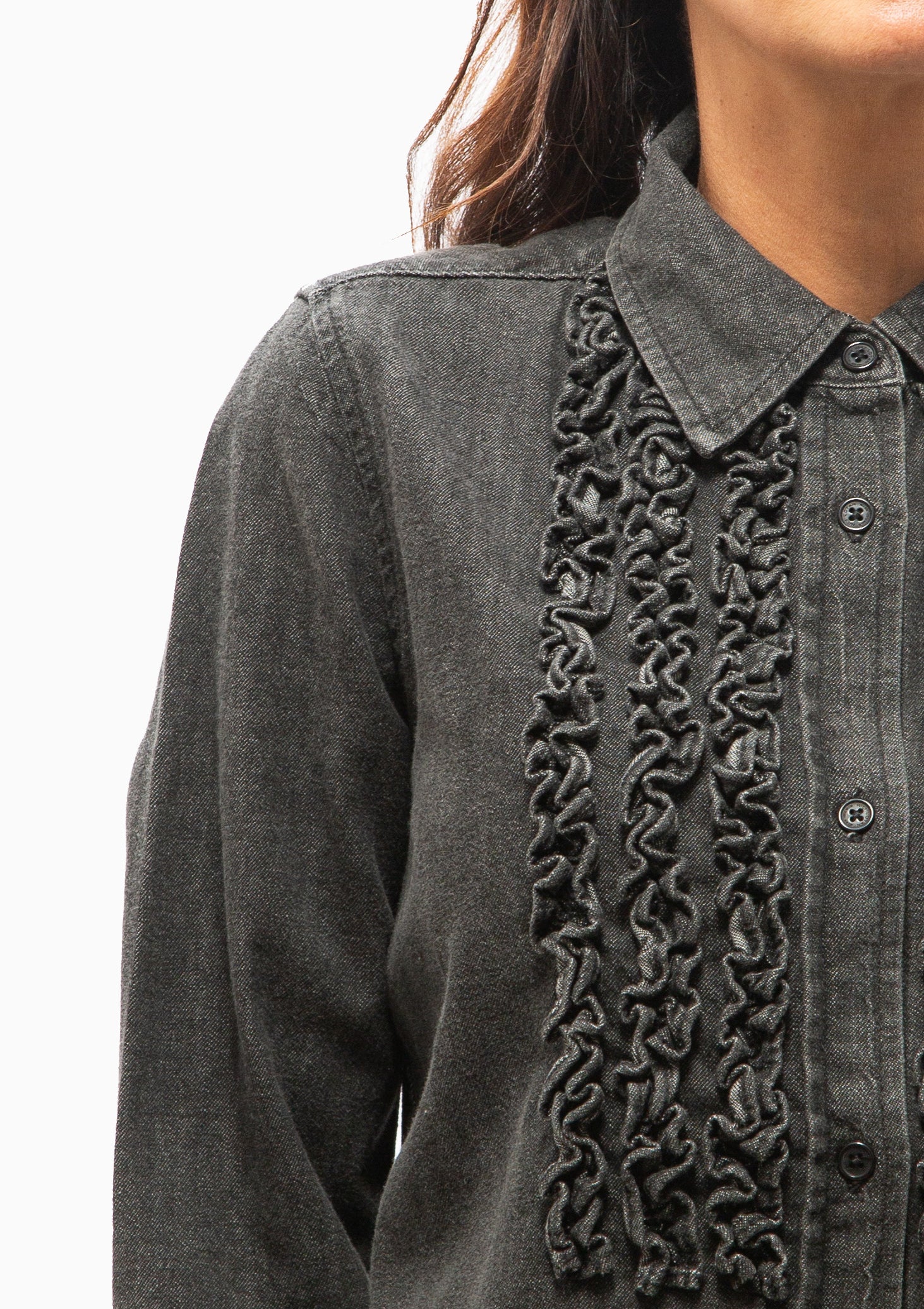 Emilie Denim Ruffle Shirt | Faded Black Wash