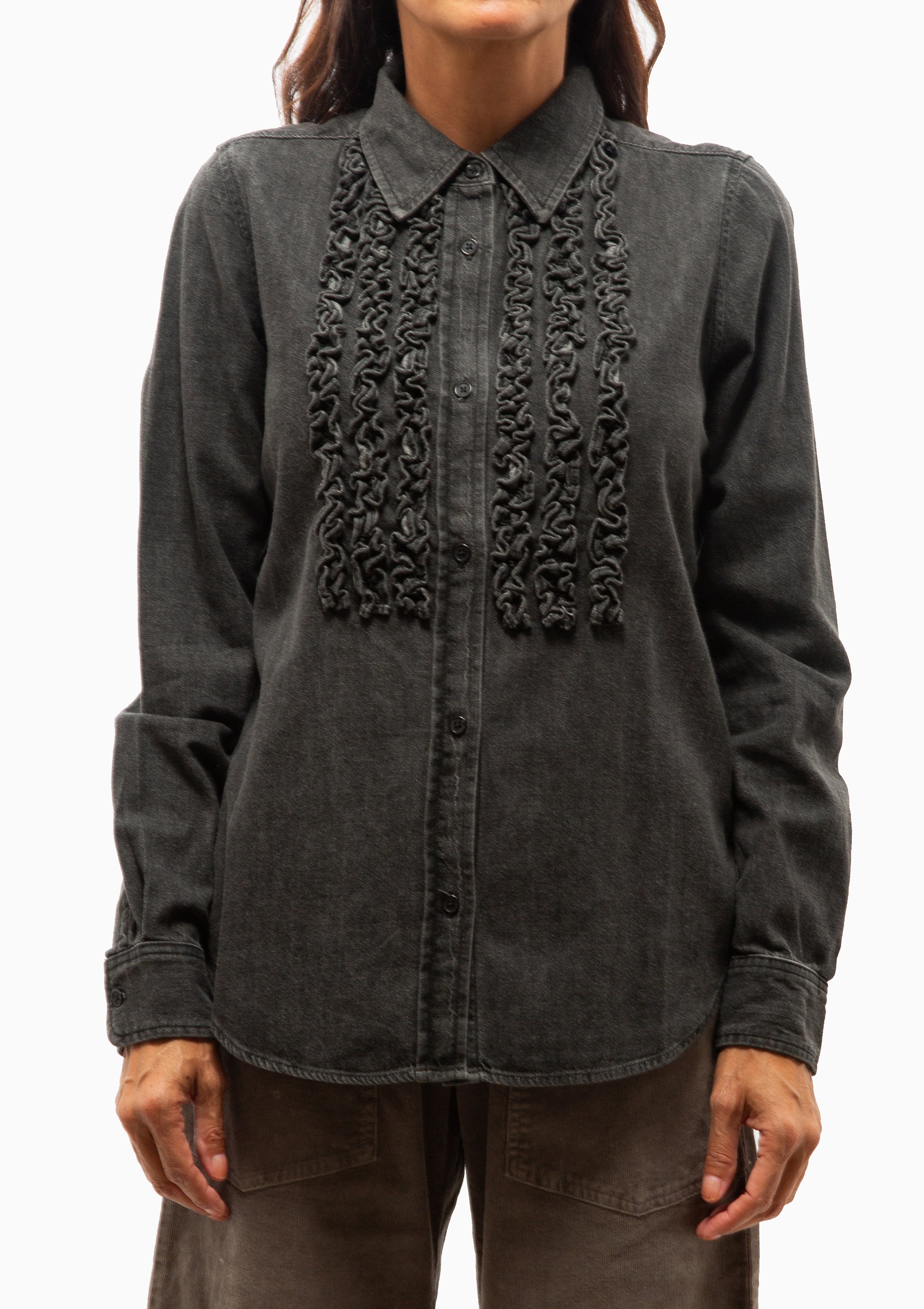 Emilie Denim Ruffle Shirt | Faded Black Wash