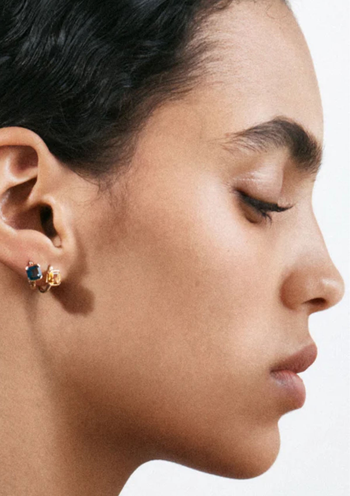Blue Topaz Domino Huggie Hoops | Gold