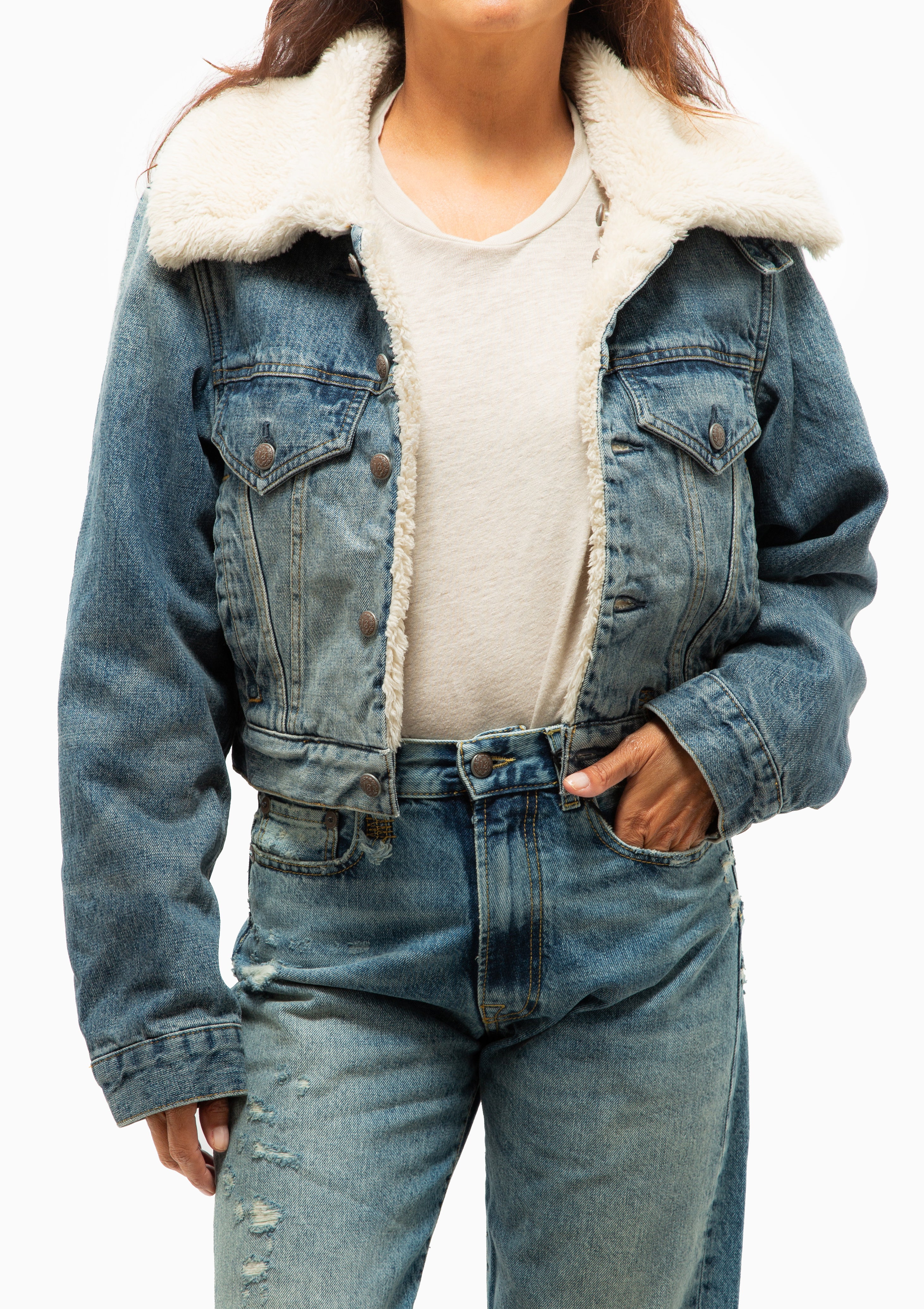 Double Collar Sherpa Trucker Jacket | Leo Blue