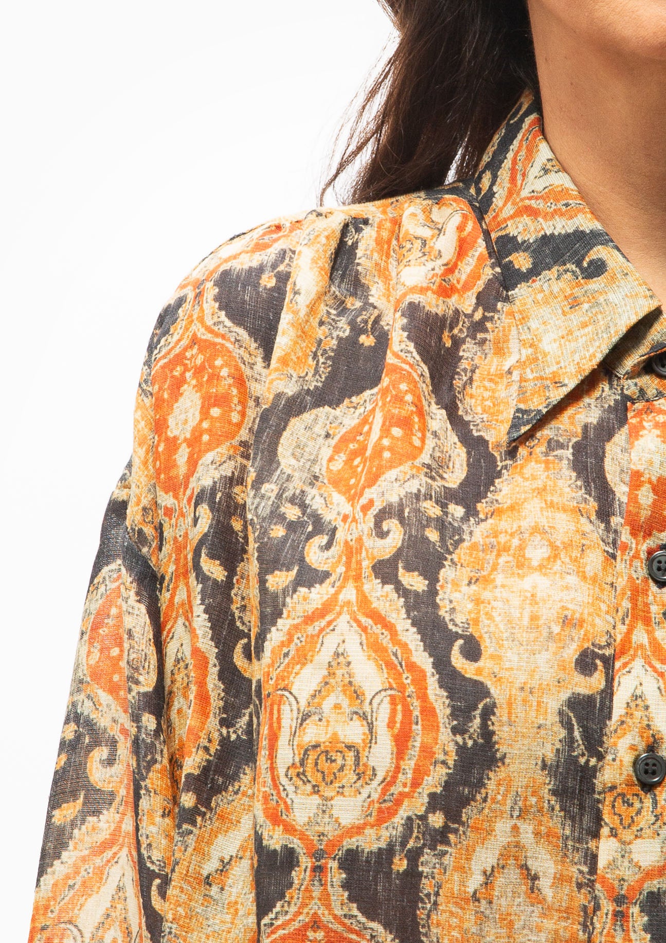 Gathered Yoke Drop Neck Shirt | Orange Dark Navy Multicolor