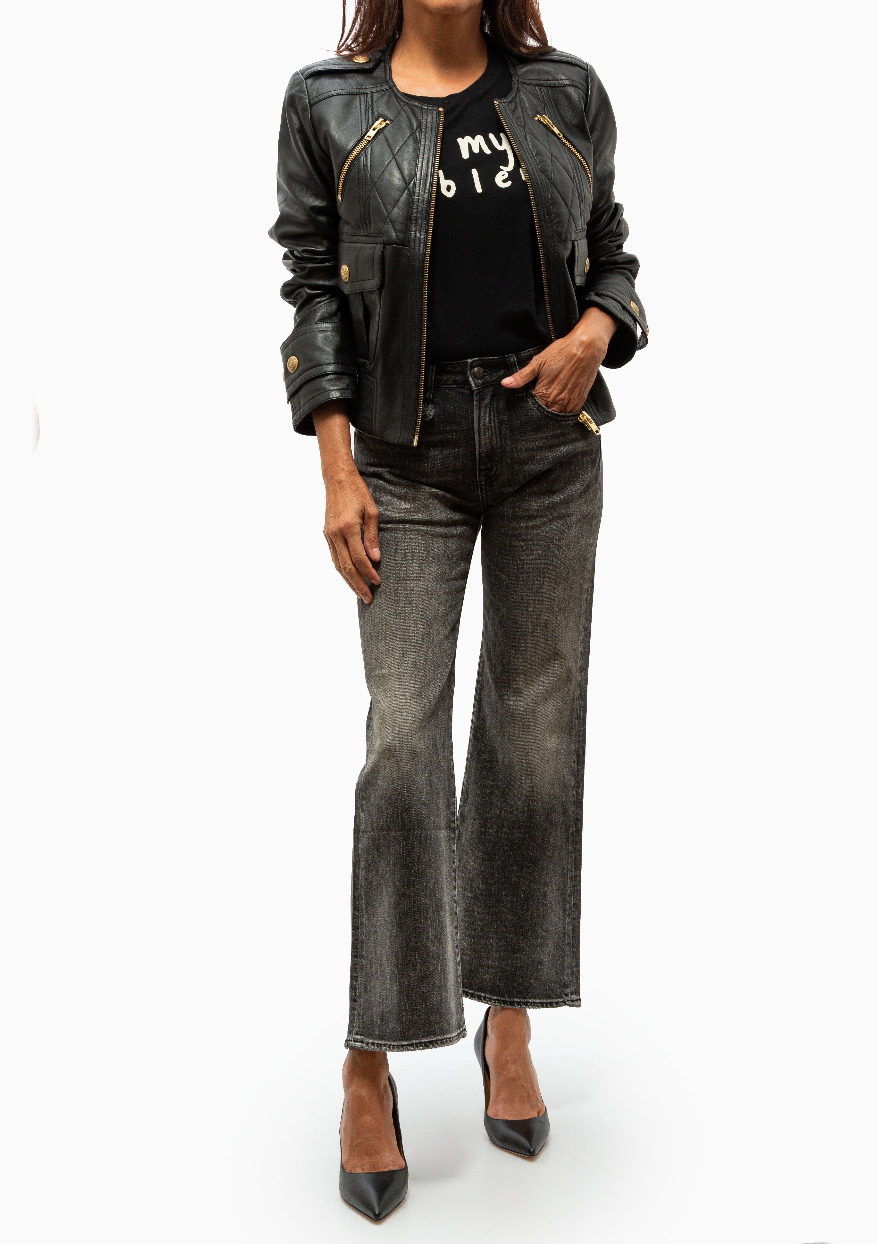 Leather Shrunken Quilted Zippered Jacket | Black