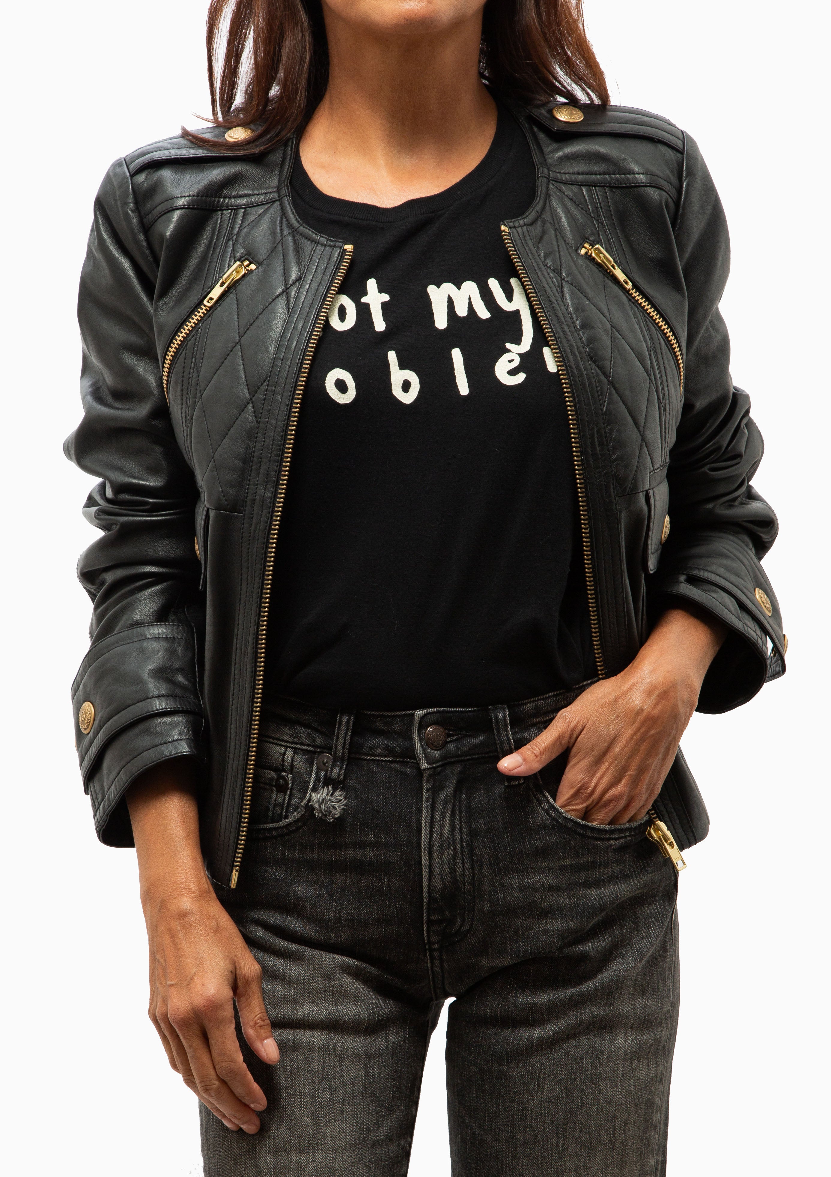 Leather Shrunken Quilted Zippered Jacket | Black